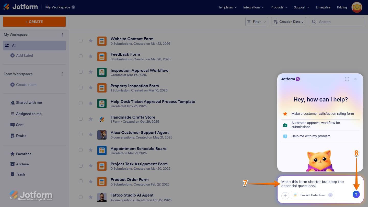 Jotform AI Chatbot showing prompt input and submission using Enter or Upward Arrow icon in Jotform