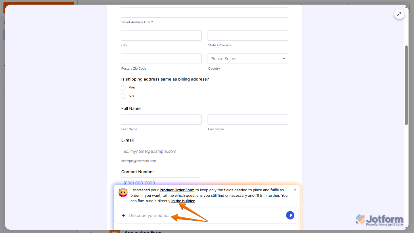 Jotform AI Chatbot showing updated form preview explanation and Describe Your Edits field in Jotform