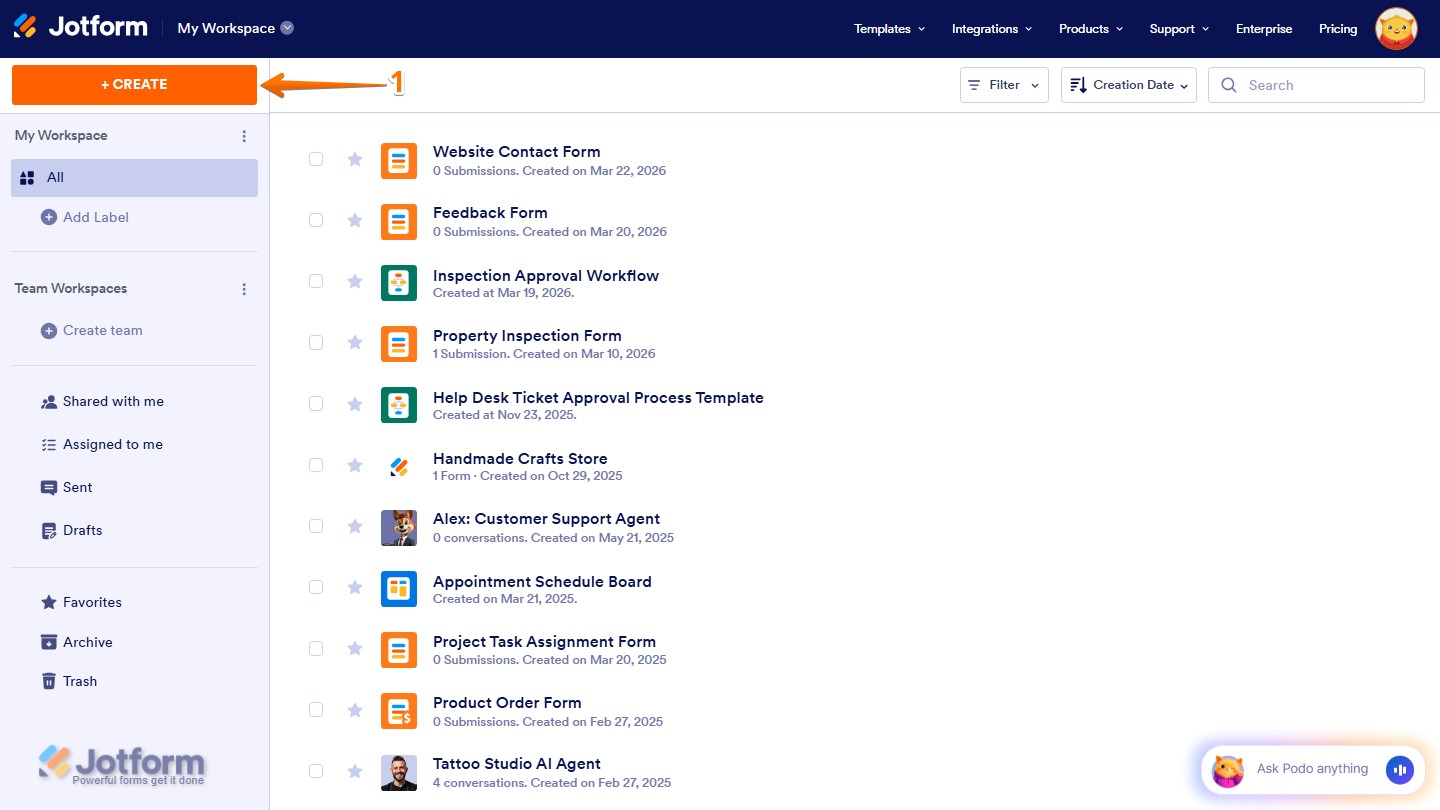 Workspace page showing Create button on the top left side in Jotform