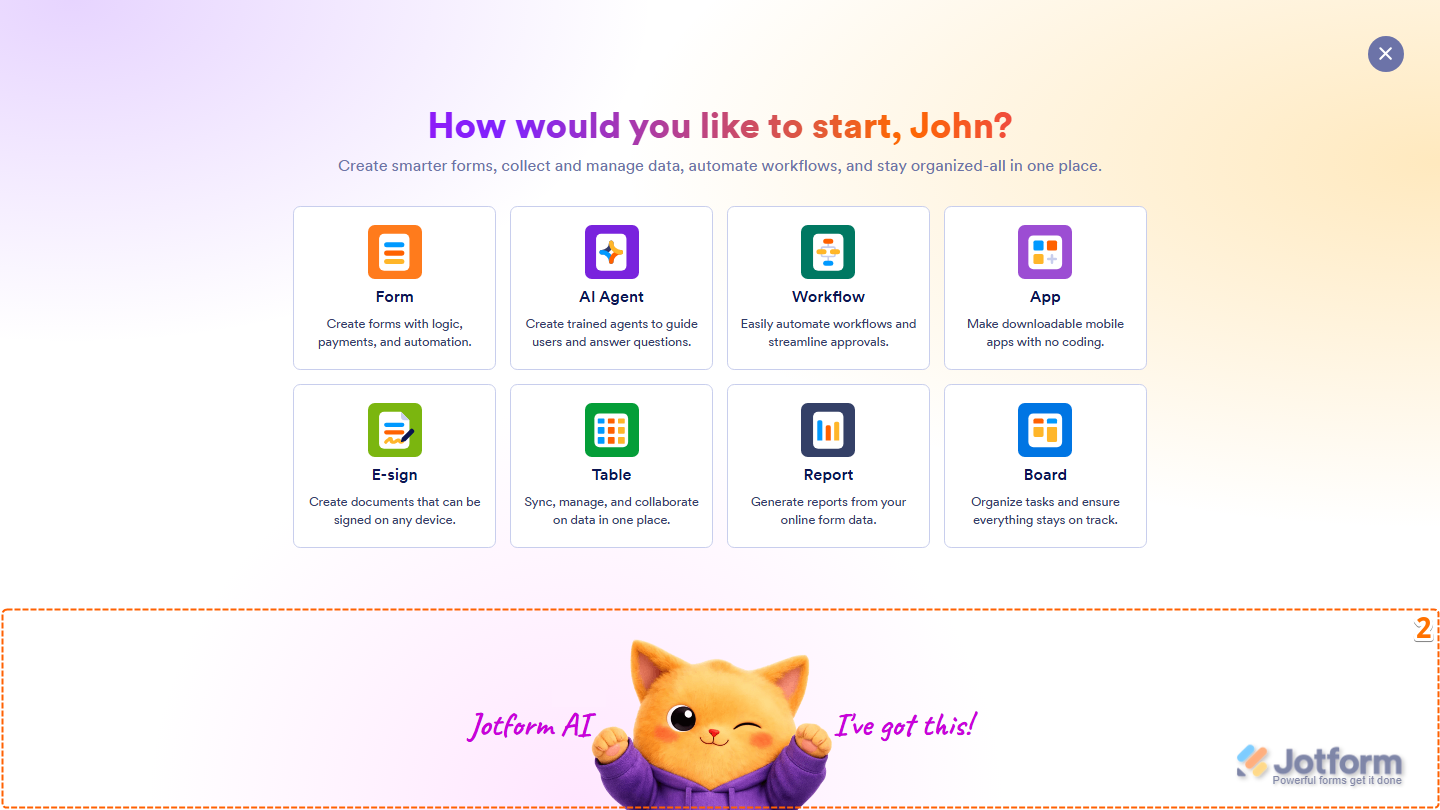Create menu window showing Jotform AI option at the bottom in Jotform