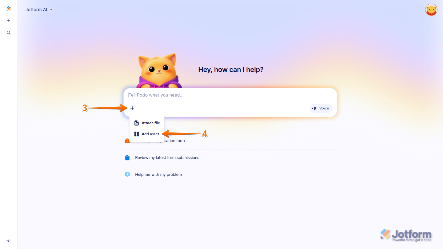 Jotform AI prompt box showing Plus icon and Add Asset option in Jotform