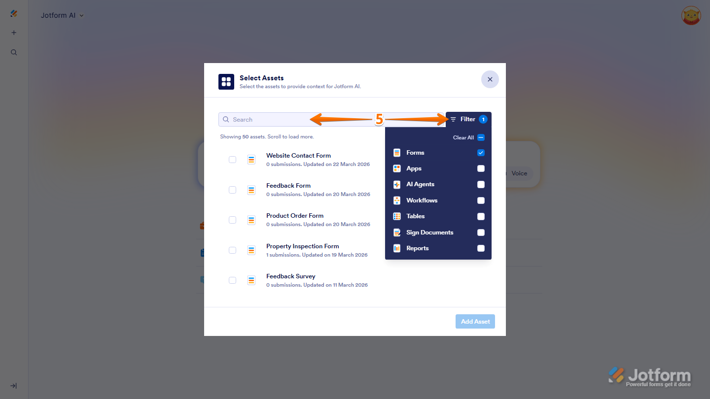 Select Assets window showing Search bar and Filter option in Jotform
