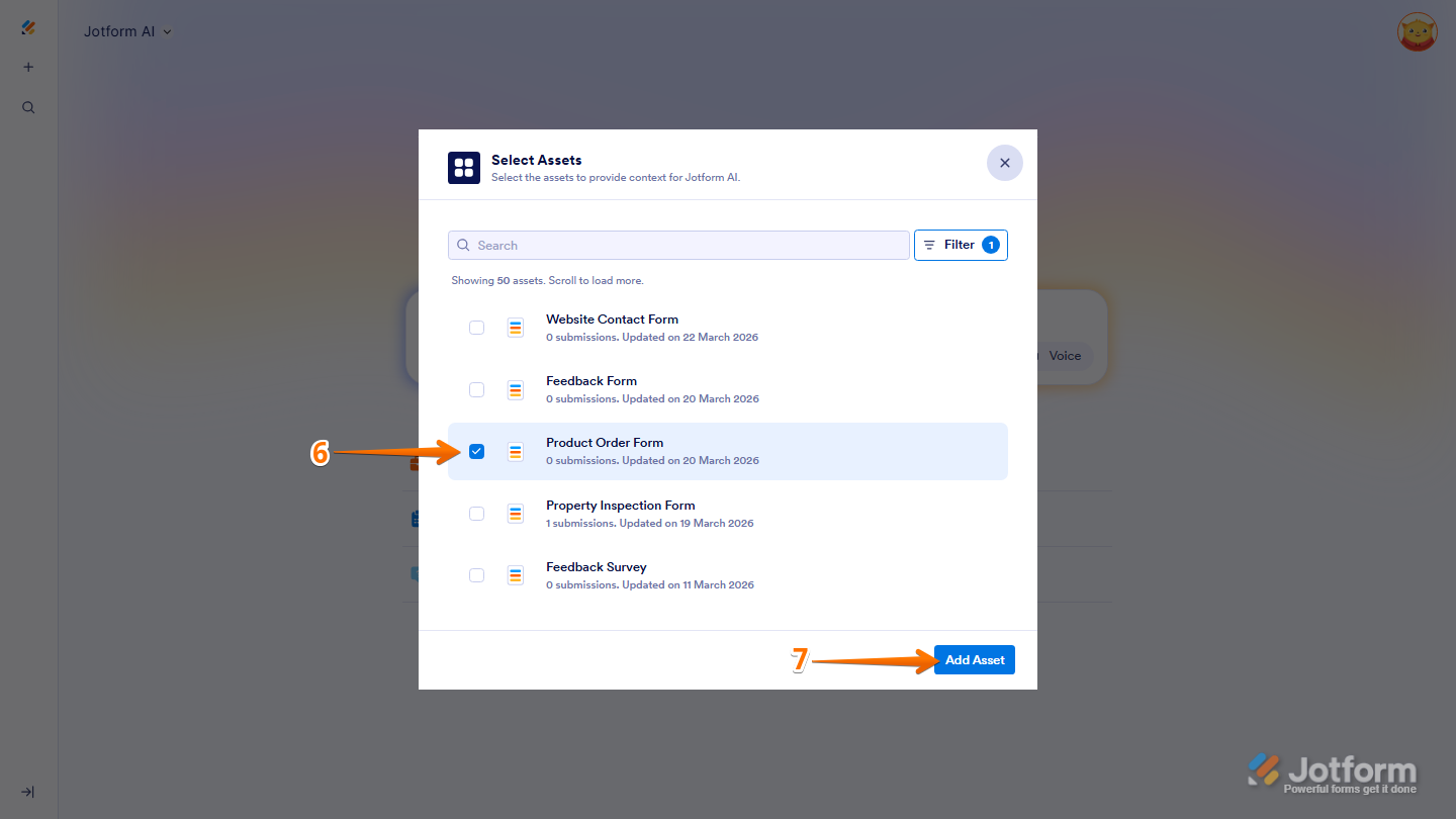 Select Assets window showing asset checkbox selection and Add Asset button in Jotform