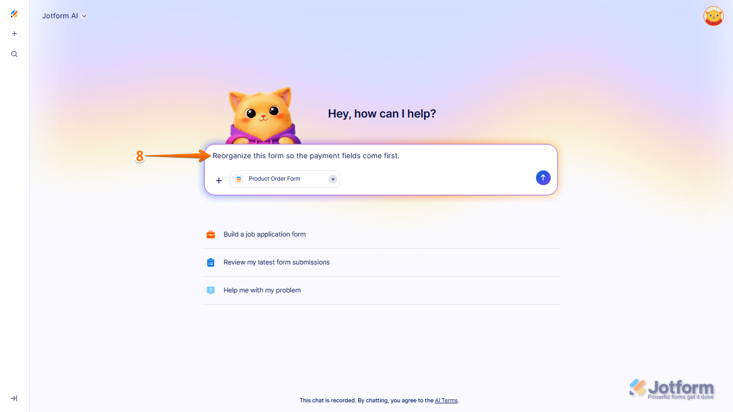 Jotform AI chat showing prompt input with form editing instructions in Jotform