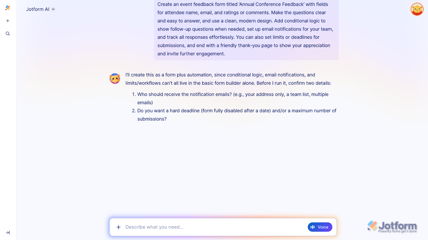 AI interface showing a prompt asking the user to provide missing details for generating a complete form