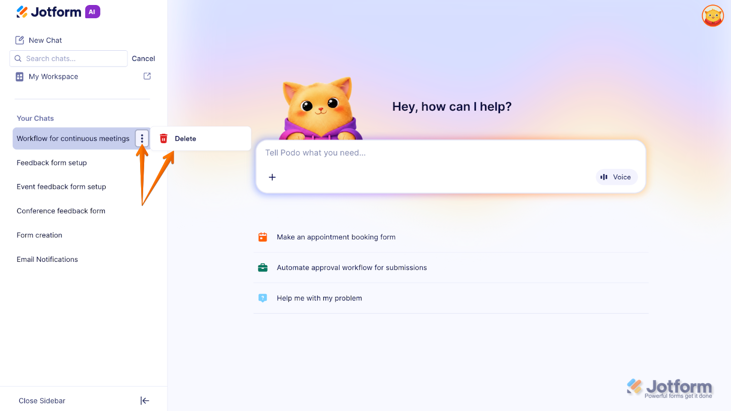 Deleting a chat by opening the chat menu via the Three Dots icon and choosing the Delete option