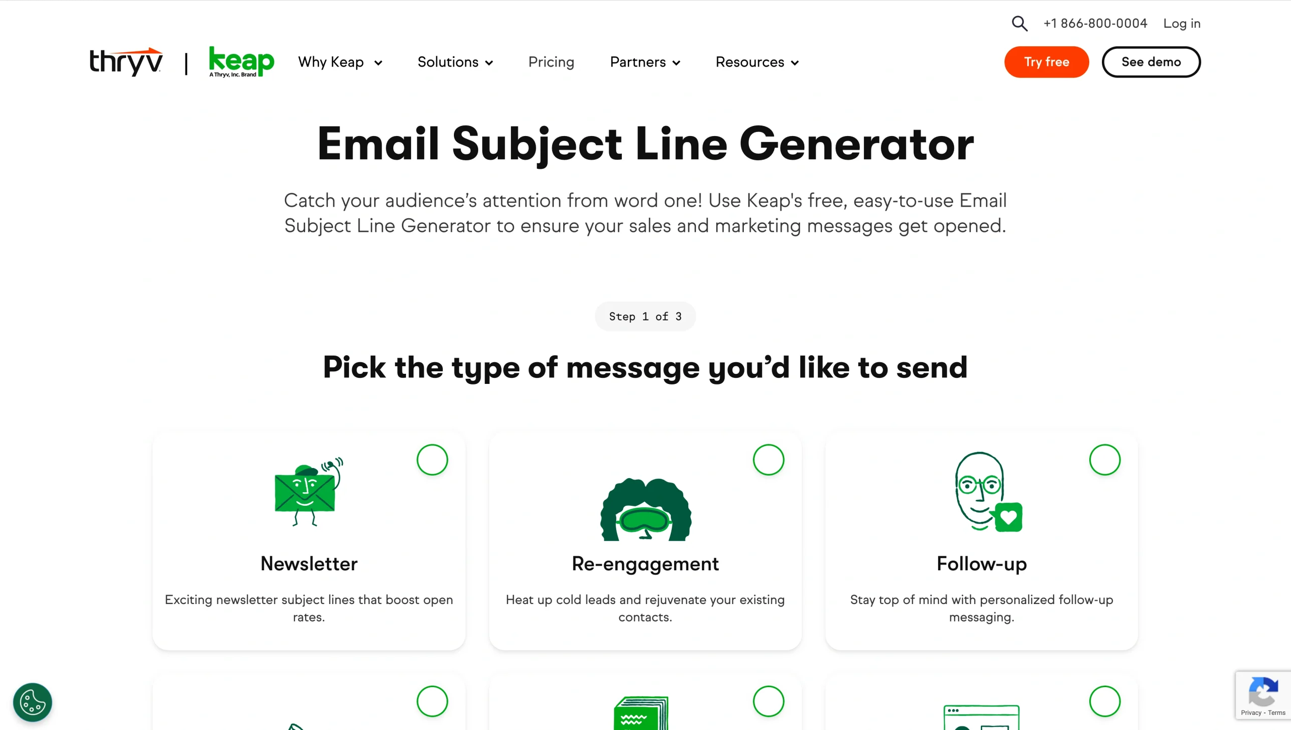 Screenshot of Keap's Email Subject Line Generator landing page