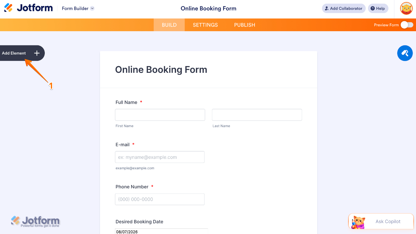 Form Builder interface highlighting the Add Element button on the left sidebar