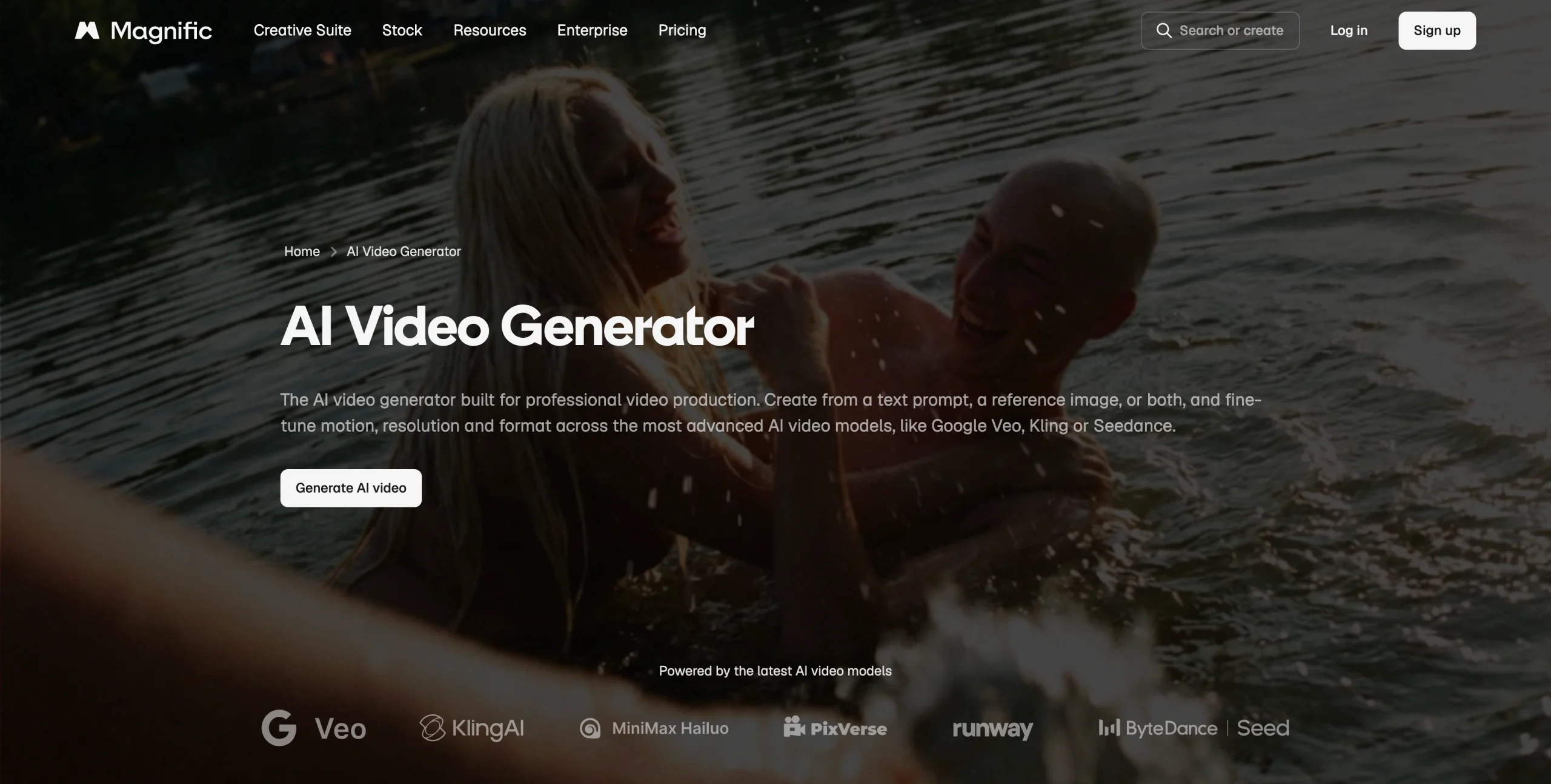 Captura de pantalla de la página de inicio de Magnific AI Video Generator