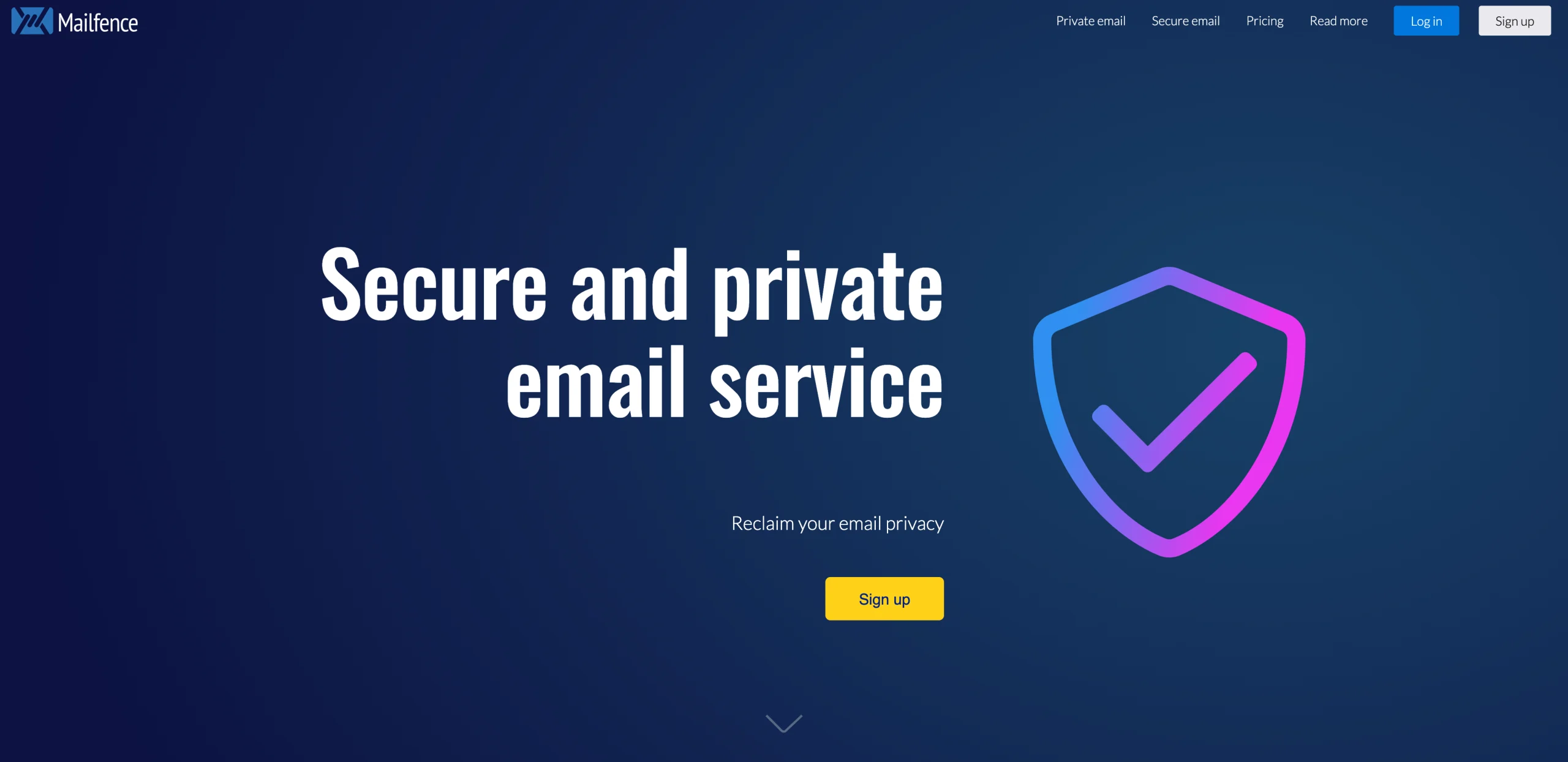 Screenshot of Mailfence's landing page, showing a headline "Secure and private email service"