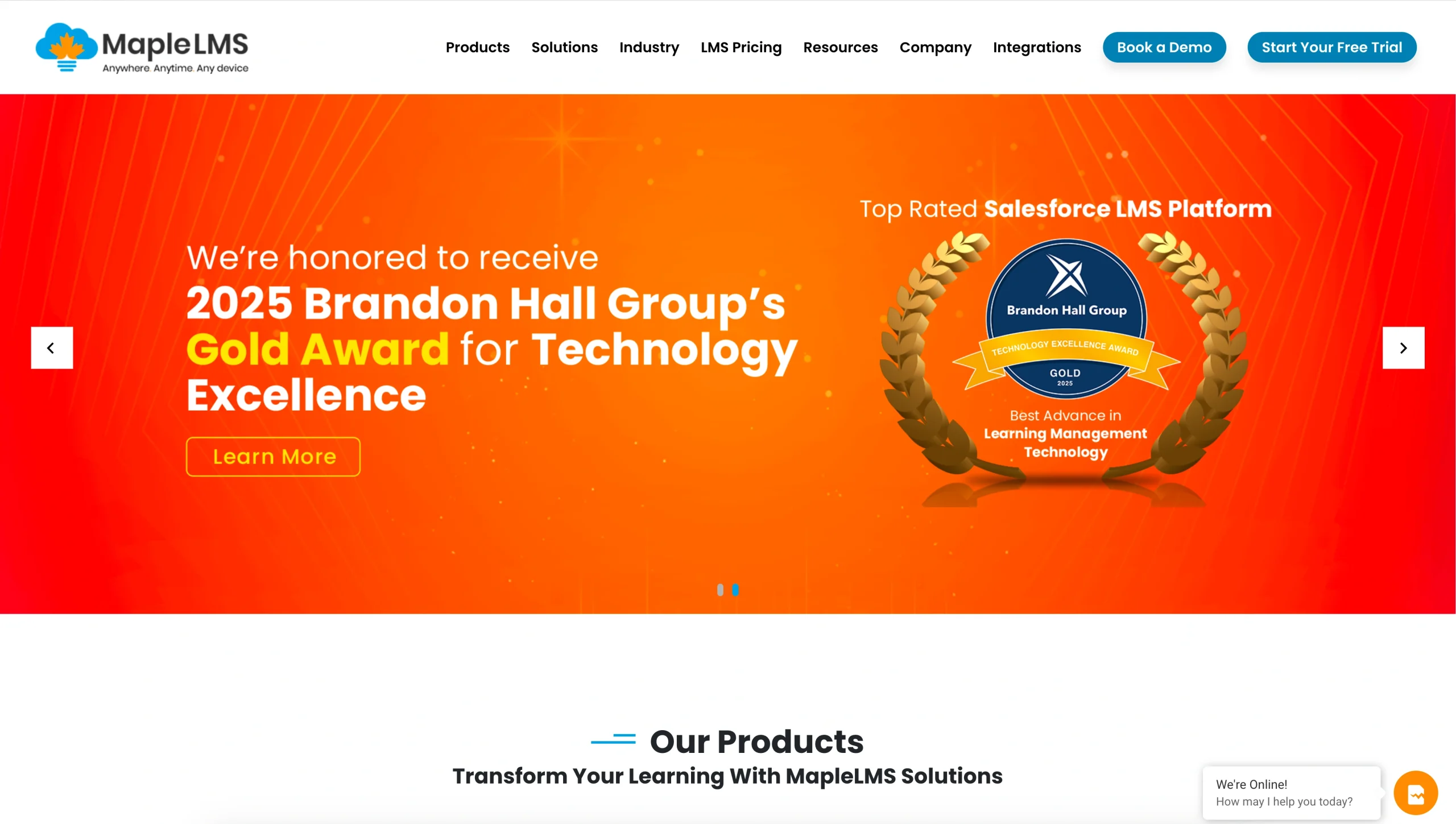 Screenshot of MapleLMS landing page, showing a headline "Top Rated Salesforce LMS Platform"