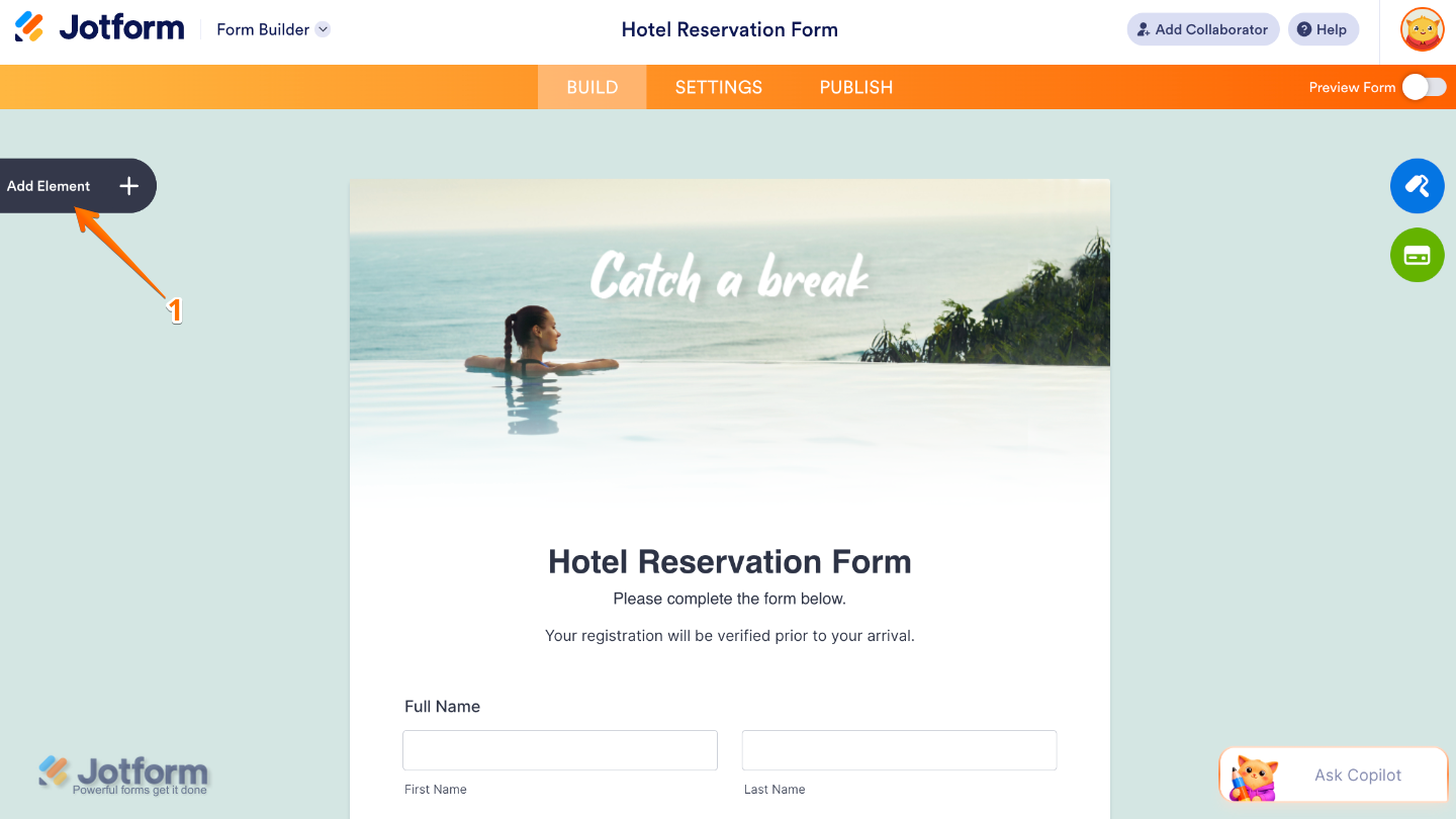 Form Builder interface highlighting the Add Element button on the left sidebar