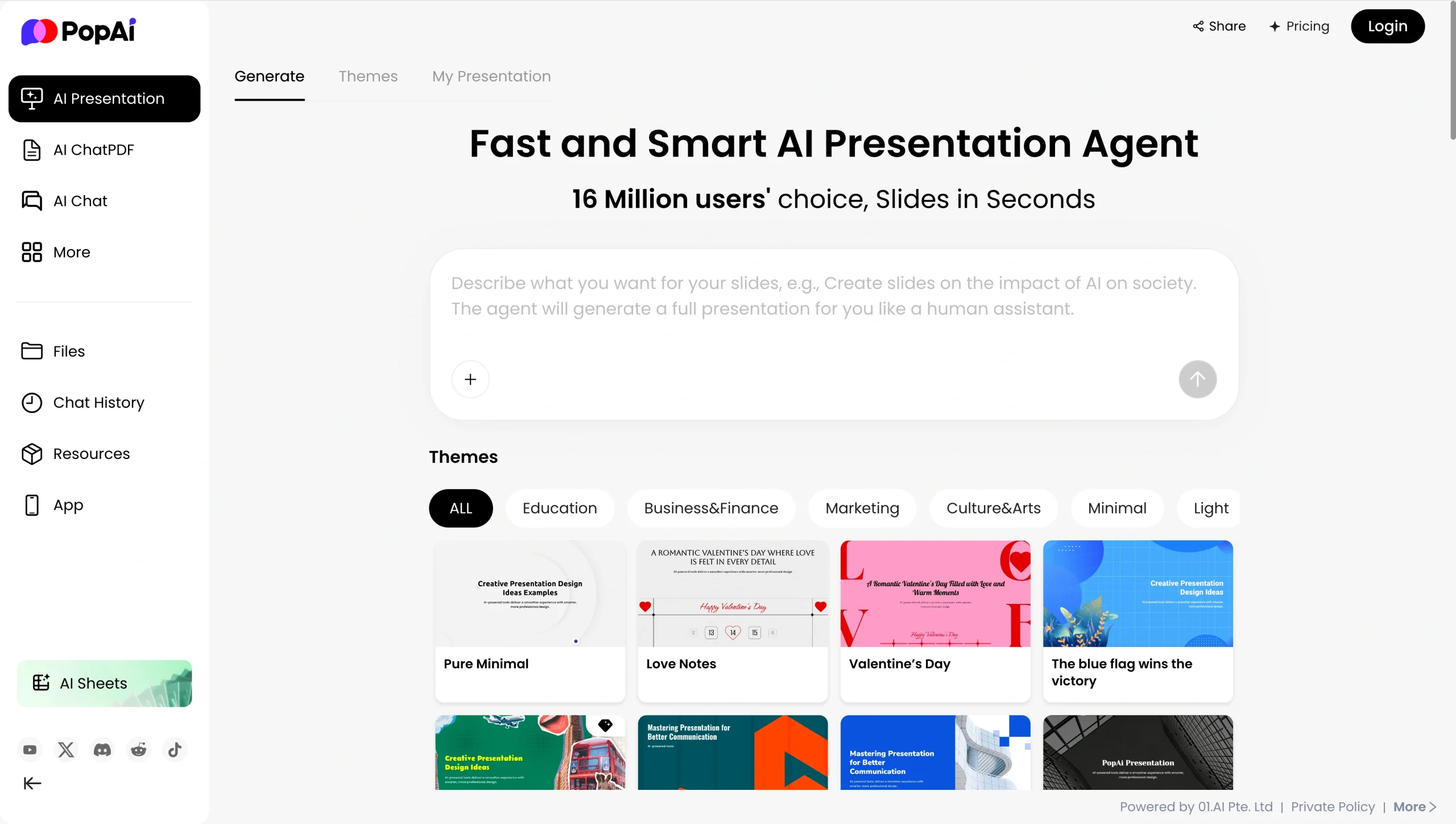 Screenshot of PopAI's landing page, showing a headline "Fast and Smart AI Presentation Agent"