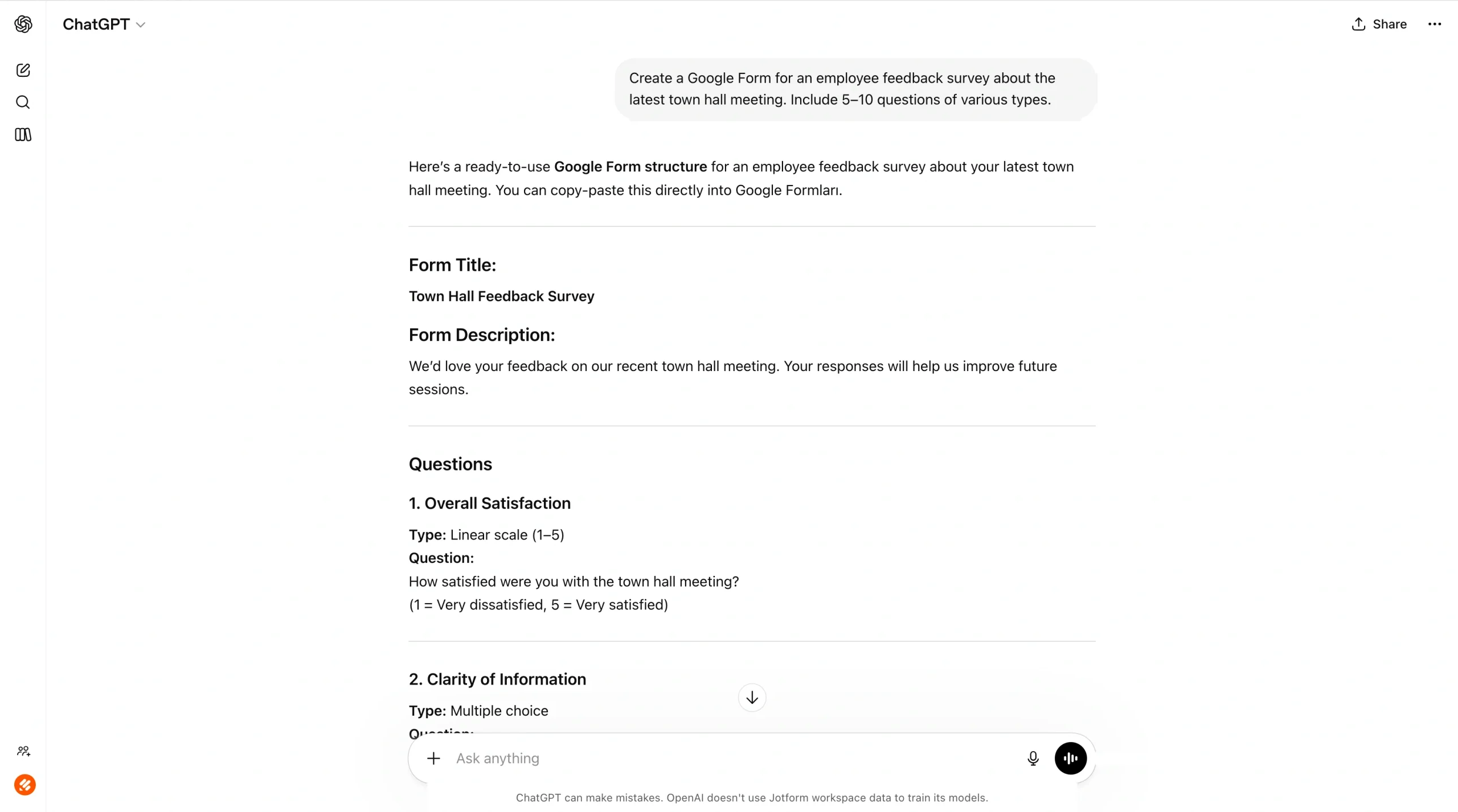 Screenshot of ChatGPT generating Google Form content, showing a form title, description, and a list of survey questions in a chat response