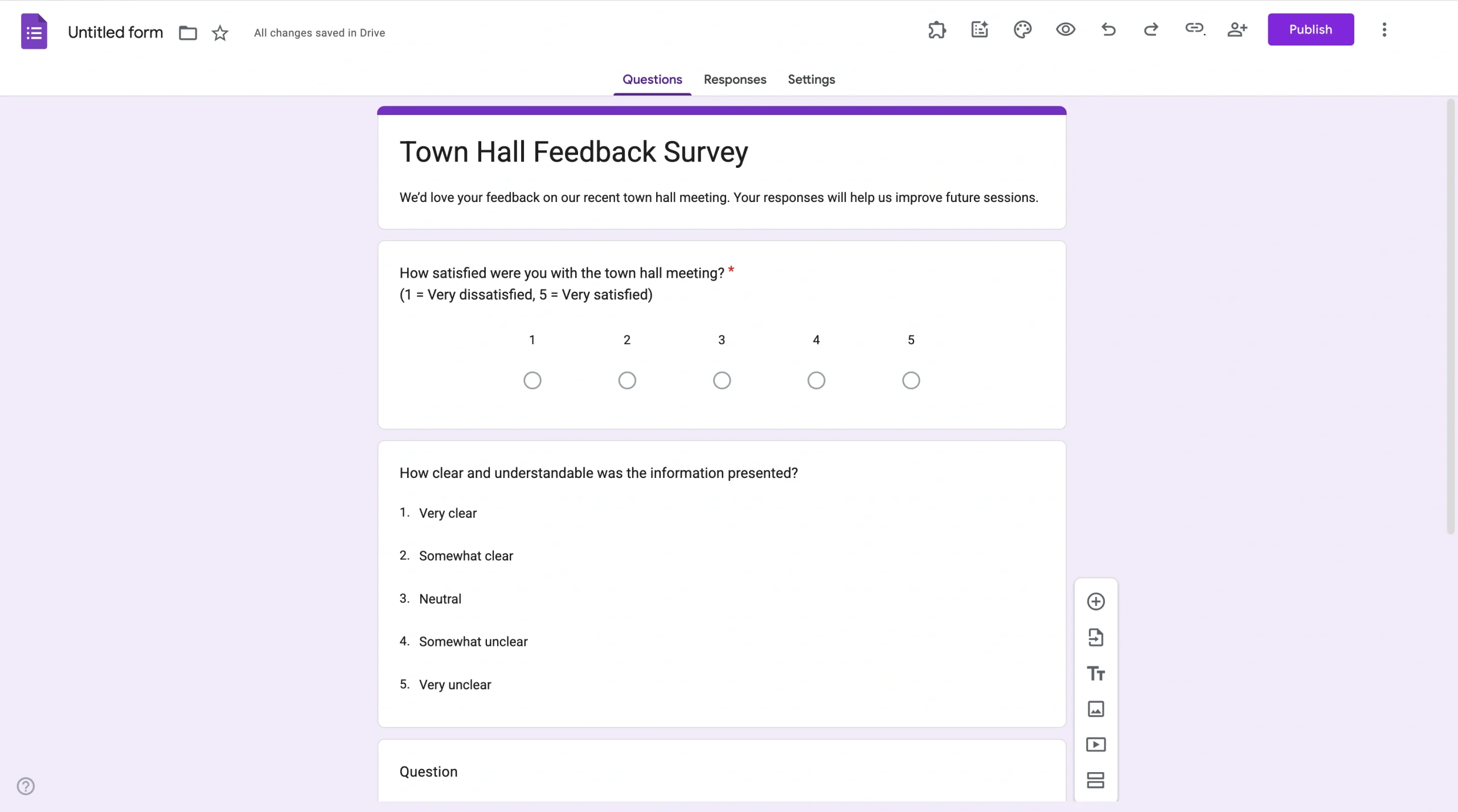 Screenshot of a completed Google Form, showing a titled survey with multiple-choice and rating questions ready to use