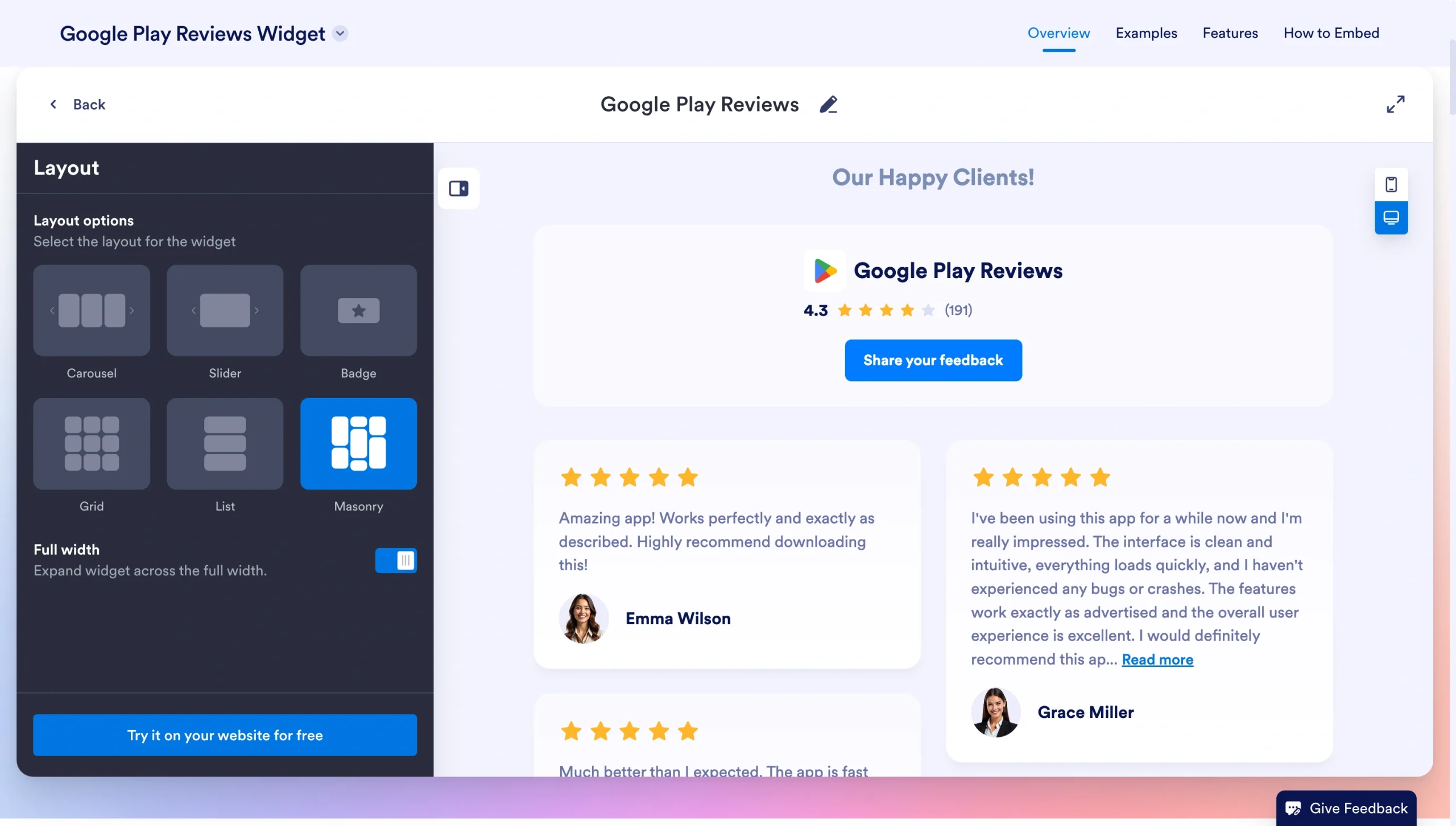Google Play Reviews Widget editor showing layout options and a masonry-style review preview