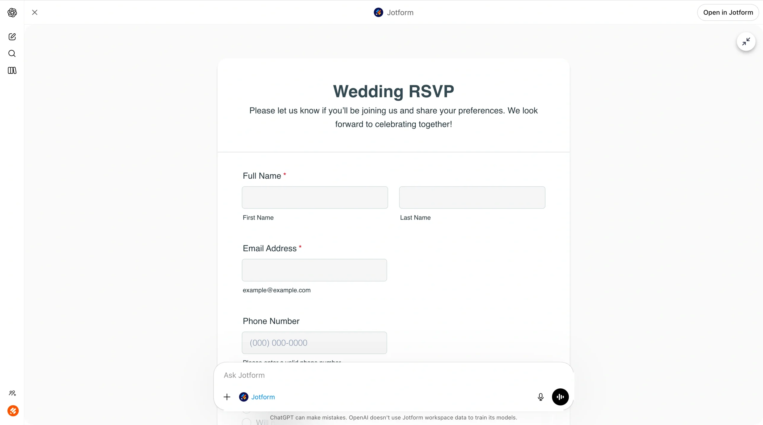 Screenshot of the ChatGPT interface showing an updated Wedding RSVP form with a clean, minimal design after refinement