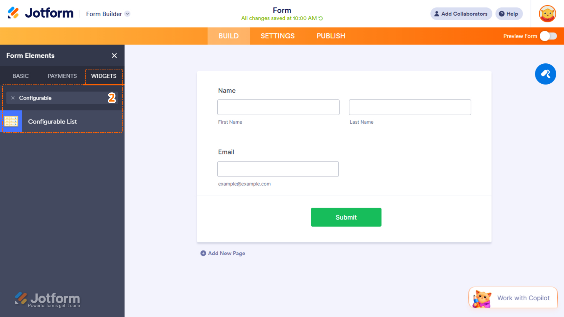 Configurable List in the Widgets tab of the Jotform Form Builder