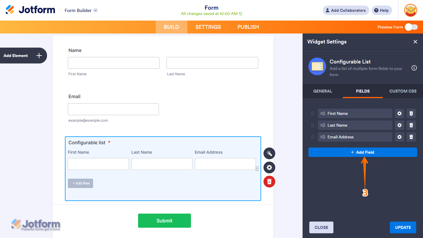 Add Field button in the Configurable List widget settings menu