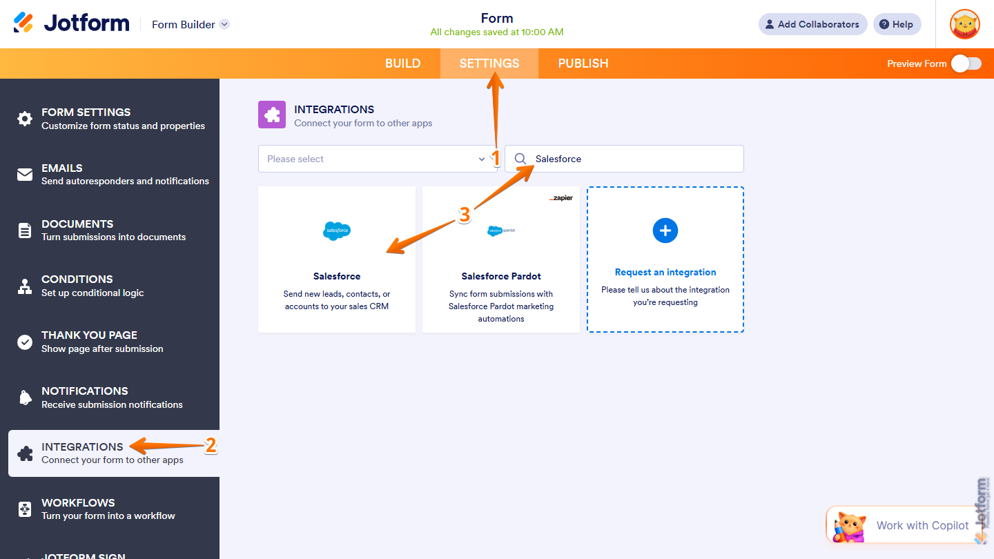 Salesforce option in the Integrations tab of the Jotform Form Builder