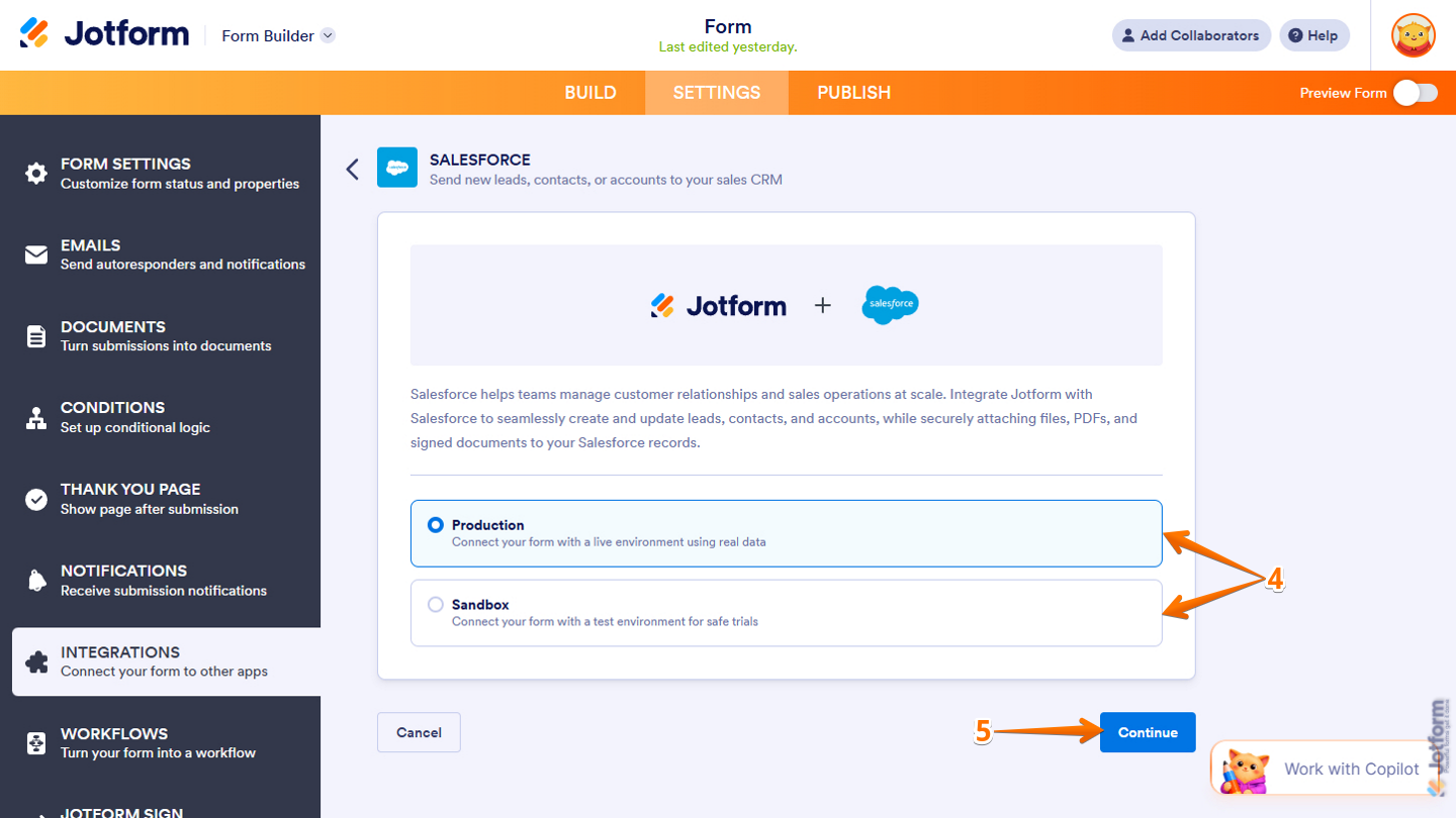 Mode options and Continue button in Salesforce Integration settings