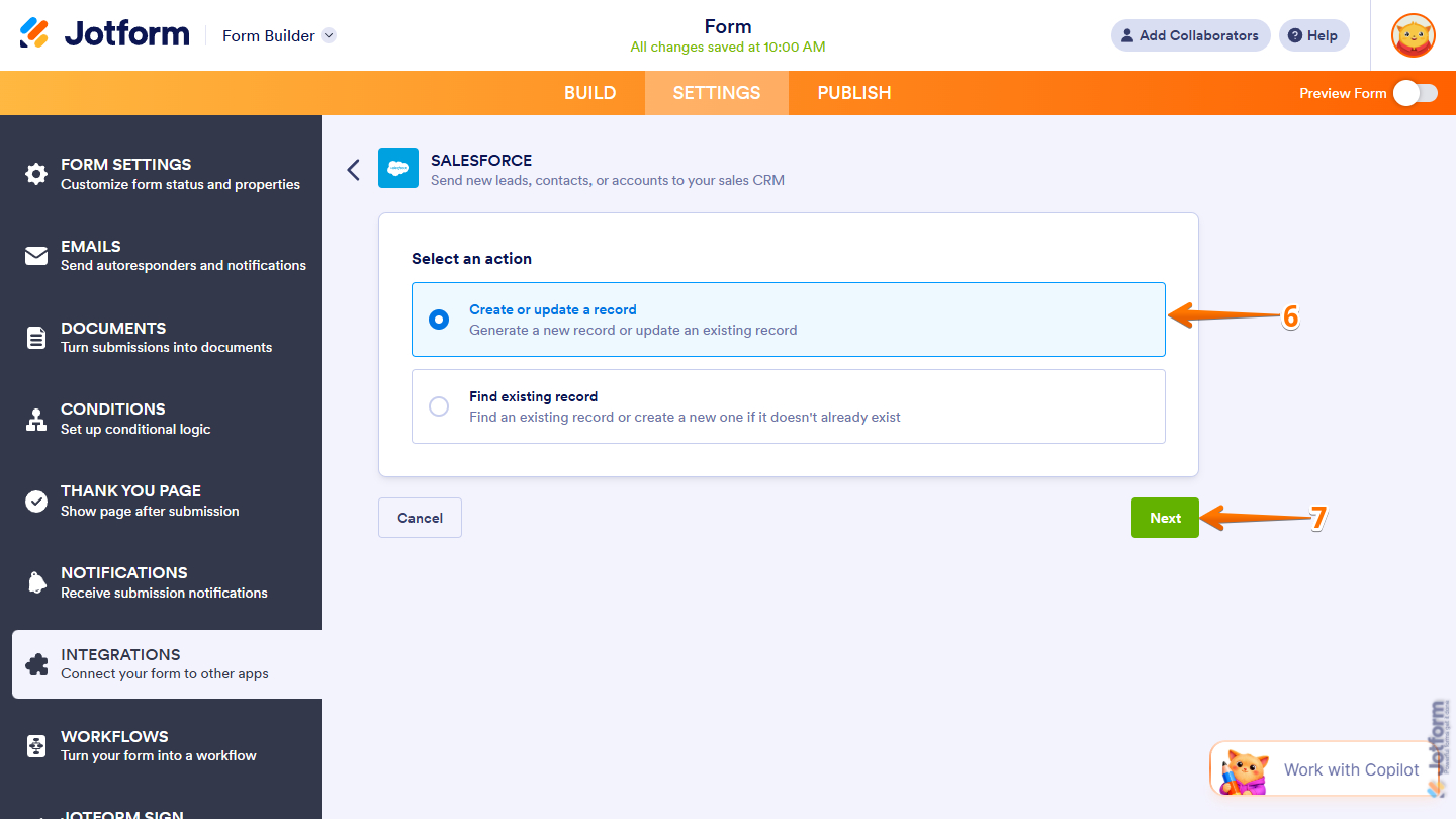 Select an action and Next button in the Salesforce integration settings