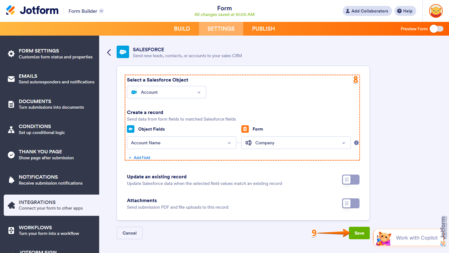 Object and Create a Record options in the Salesforce Integration settings