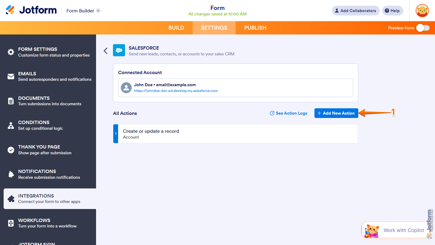 Add New Action button in Salesforce integration