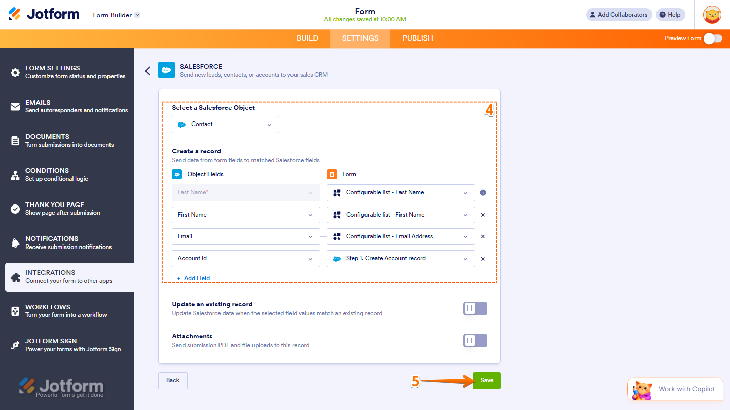 Contact Object and Create a Record fields in Salesforce integration settings