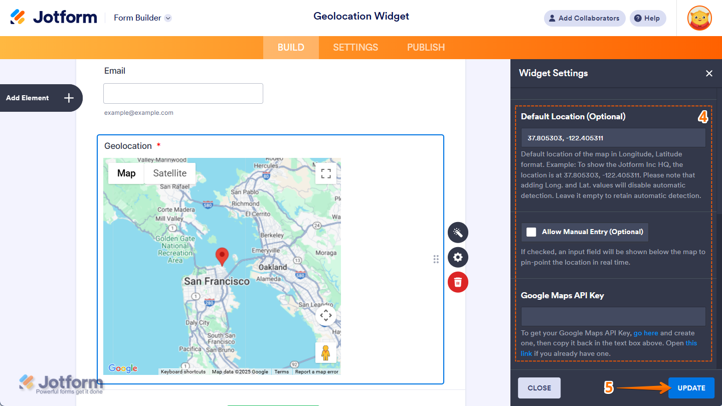 Default Location, Allow Manual Entry, and Google Maps API Key options in the Geolocation widget settings menu