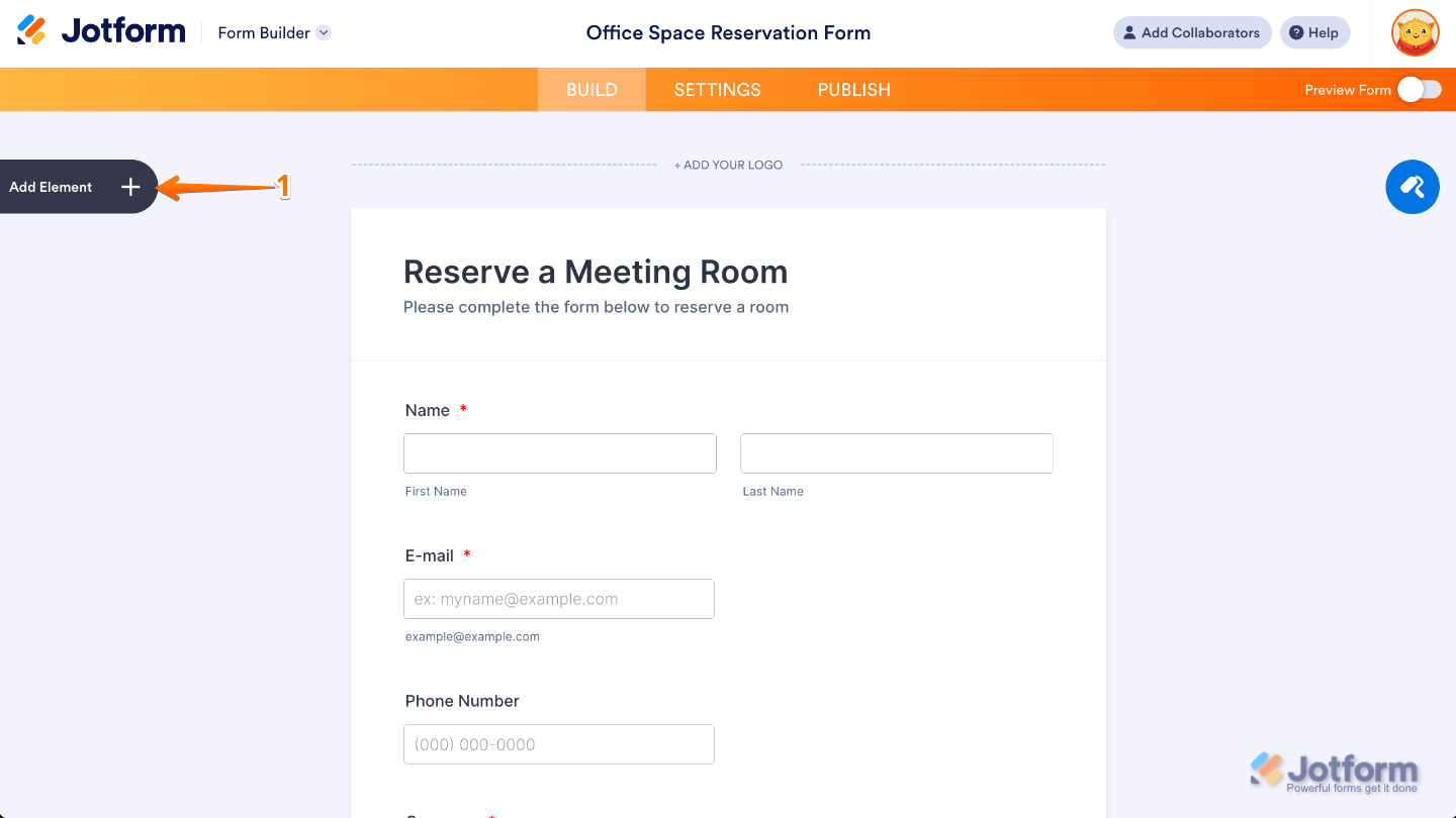 Form Builder interface highlighting the Add Element button on the left panel to add new fields and widgets