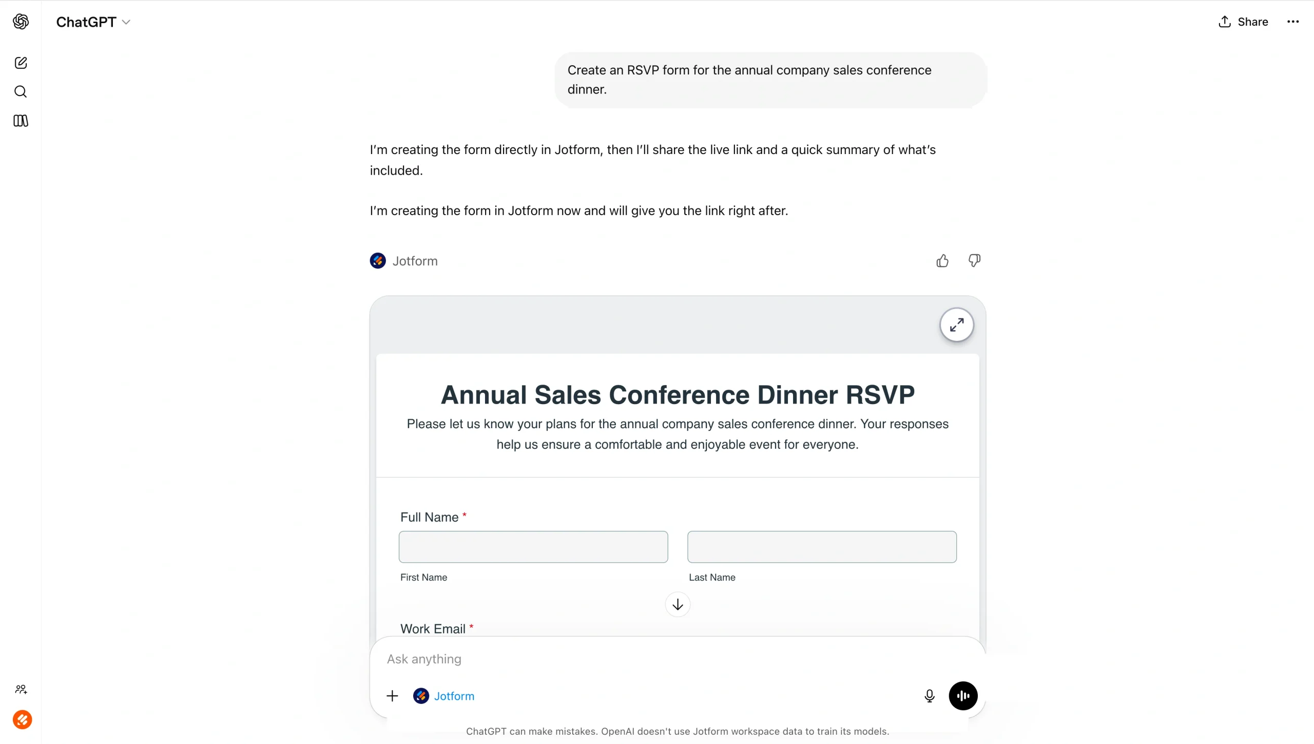 ChatGPT conversation showing a prompt to create an RSVP form, with a live inline preview of the generated Jotform form displayed in the chat
