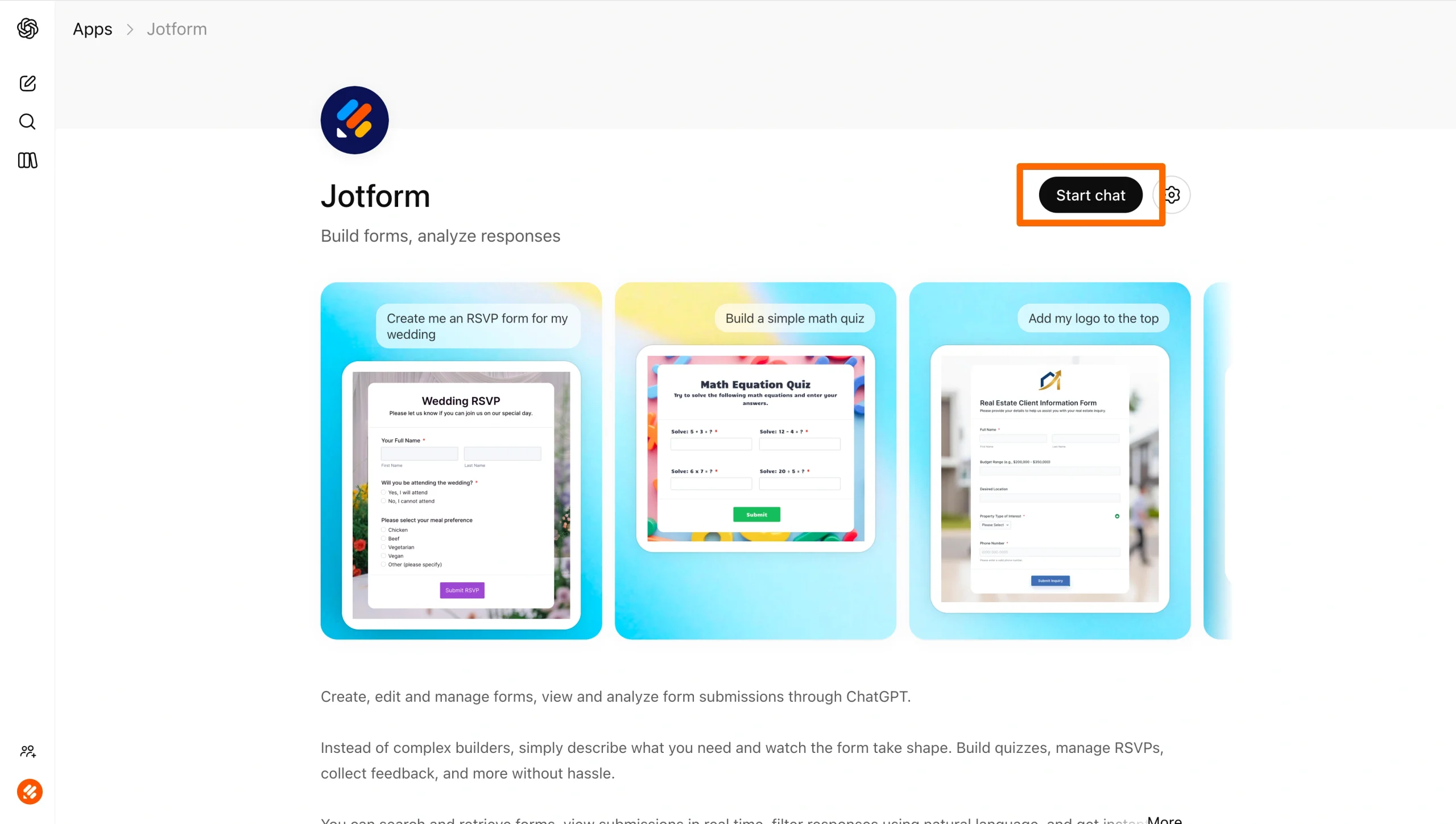 Jotform’s app page in ChatGPT Apps, with the Start chat button highlighted in orange to begin using the app