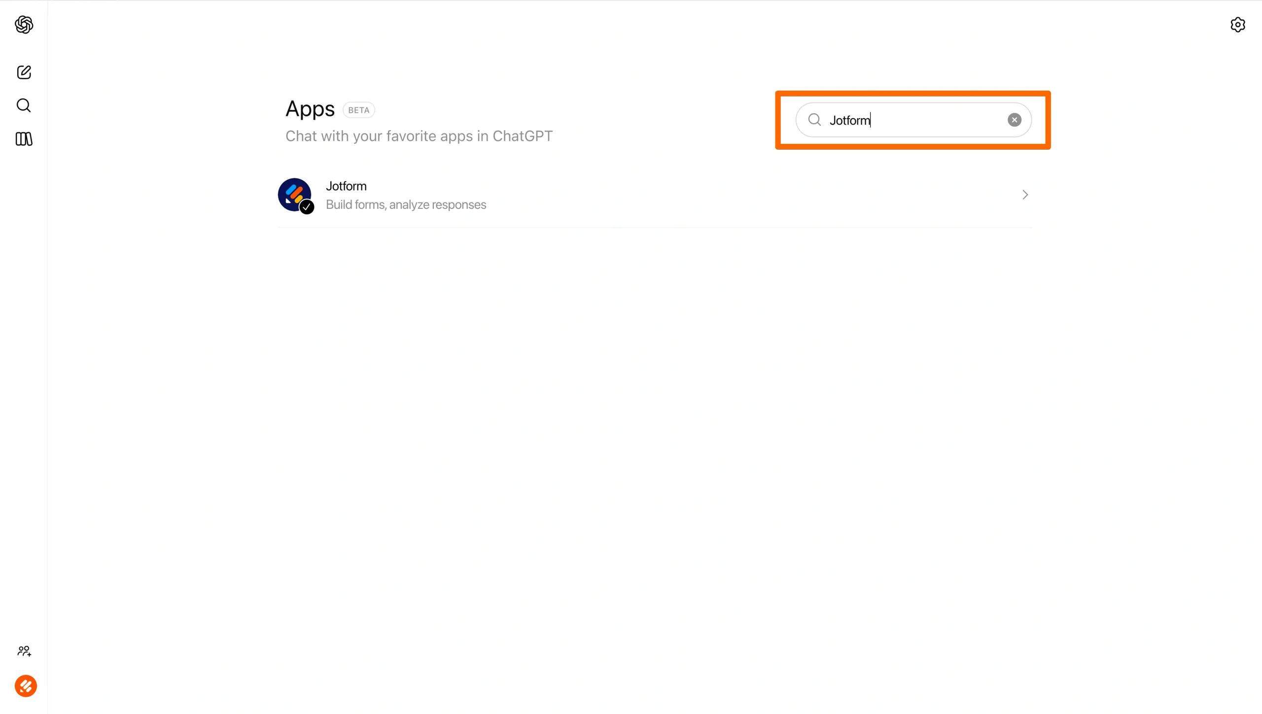 ChatGPT’s Apps page with “Jotform” typed into the search bar, and the search field outlined in orange
