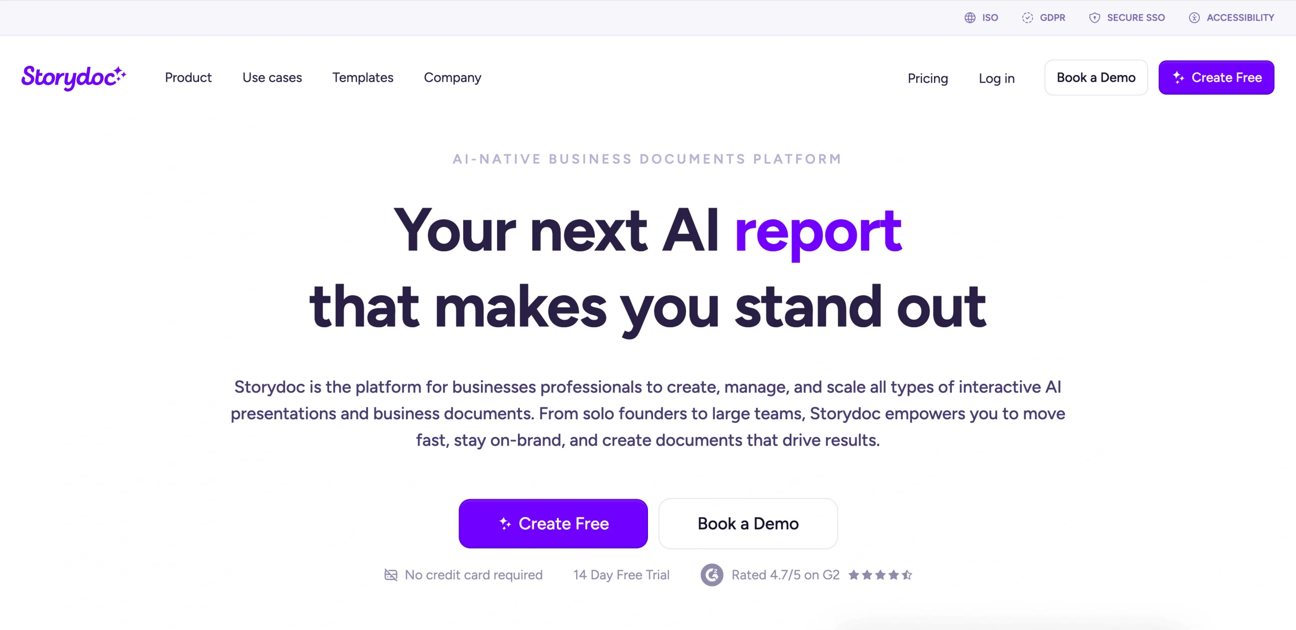 Screenshot of Storydoc's landing page, showing a headline "Your next AI report that makes you stand out"