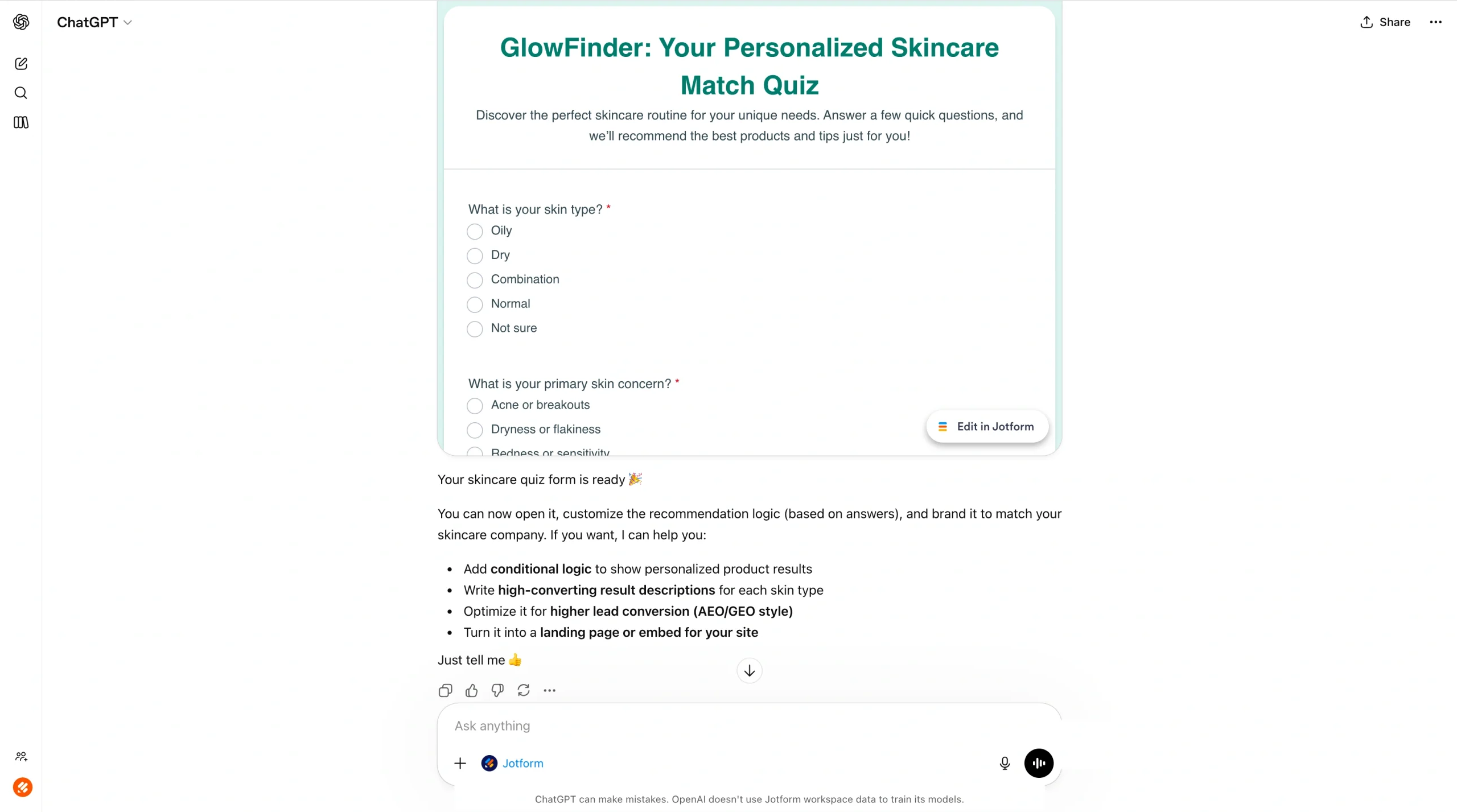 ChatGPT interface showing a generated skincare quiz titled ‘GlowFinder’ with a link provided to view and edit the quiz