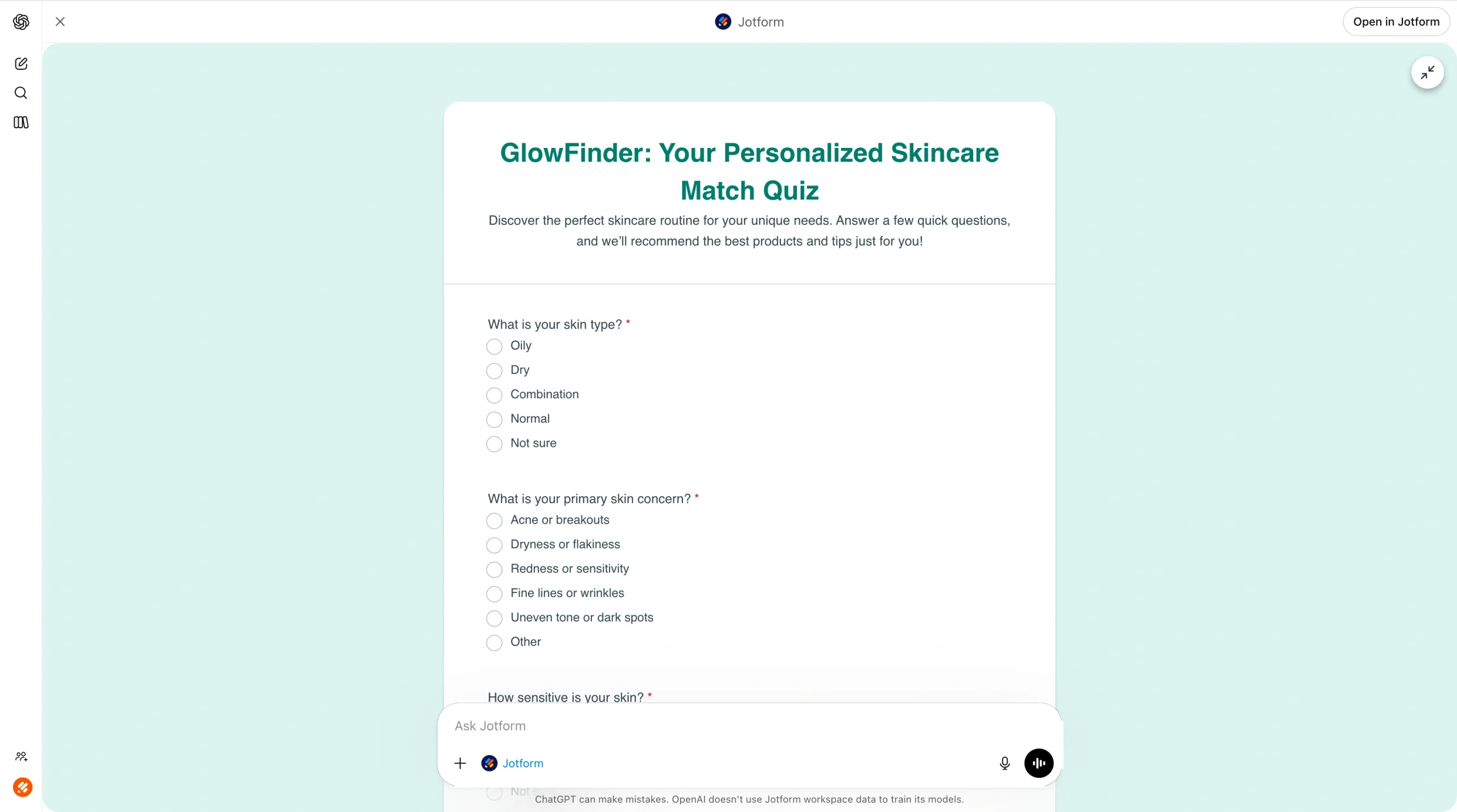 Preview of the GlowFinder skincare quiz in Jotform with multiple-choice questions about skin type and concerns