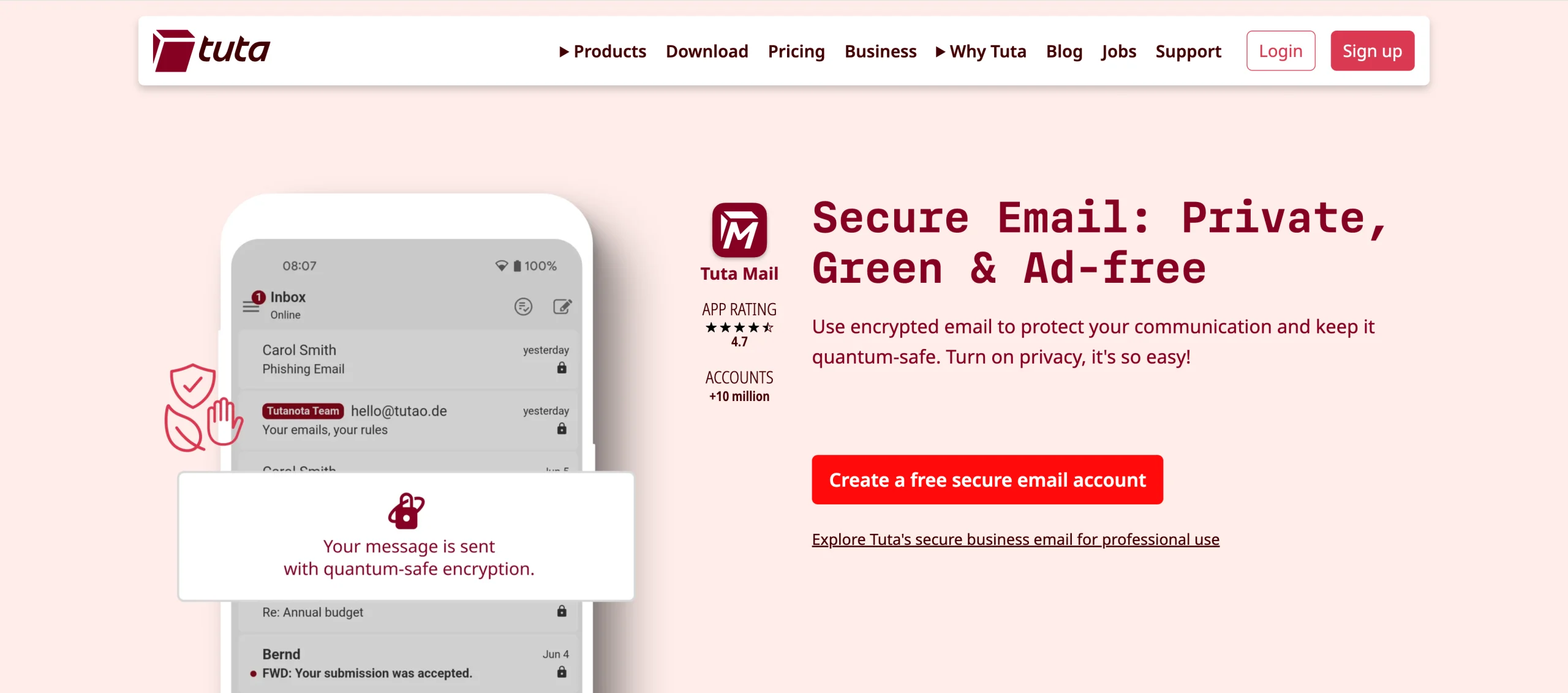 Screenshot of Tuta Mail's landing page, showing a headline "Secure Email: Private, Green & Ad-free"
