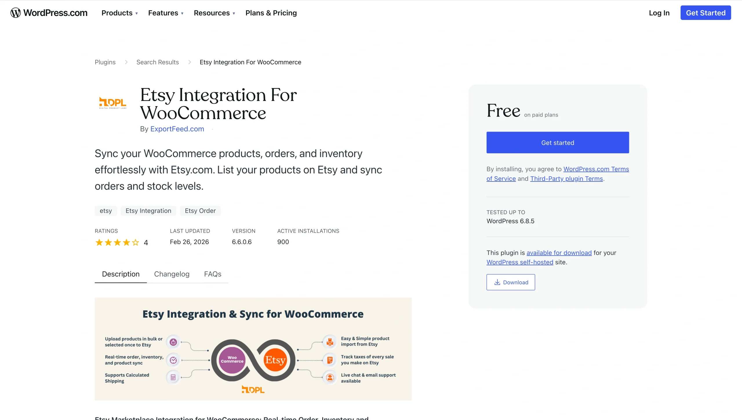 WordPress plugin page for “Etsy Integration for WooCommerce” showing plugin details, ratings, version, and a “Get started” button