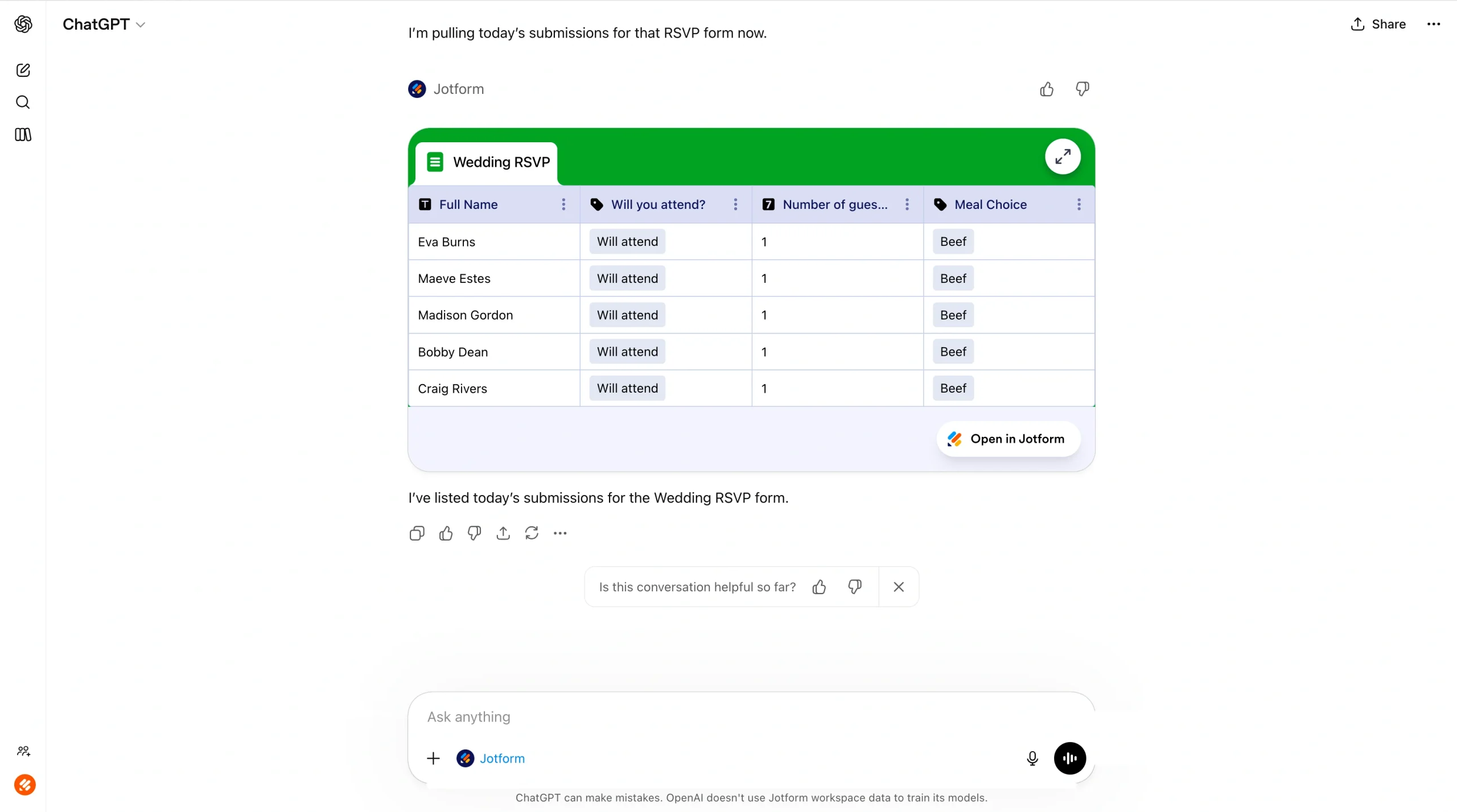 Screenshot of a ChatGPT conversation displaying a Jotform integration card with a “Wedding RSVP” table listing today’s submissions, including columns for Full Name, attendance status, number of guests, and meal choice