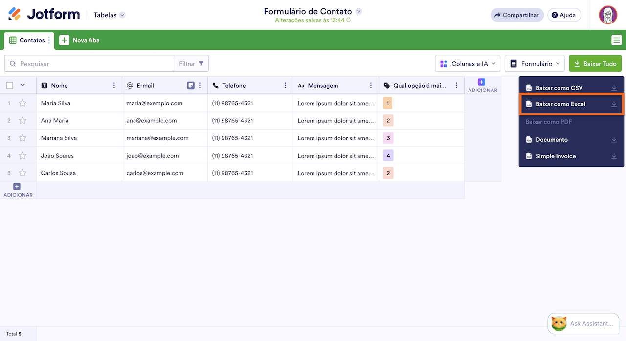 Baixando arquivos Excel no Jotform Tabelas
