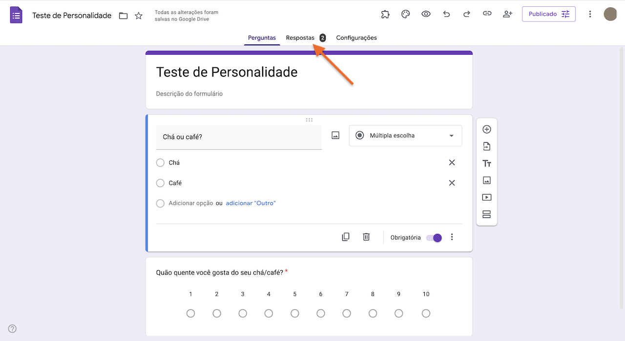 Aba Respostas do Formulários Google