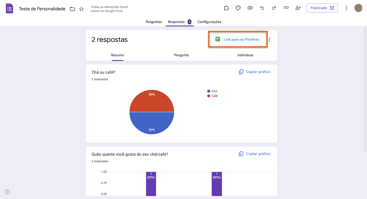 Link para as Planilhas no Formulários Google