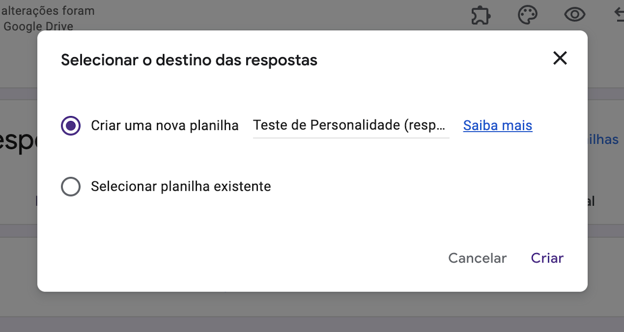 Criar uma nova planilha no Formulários Google