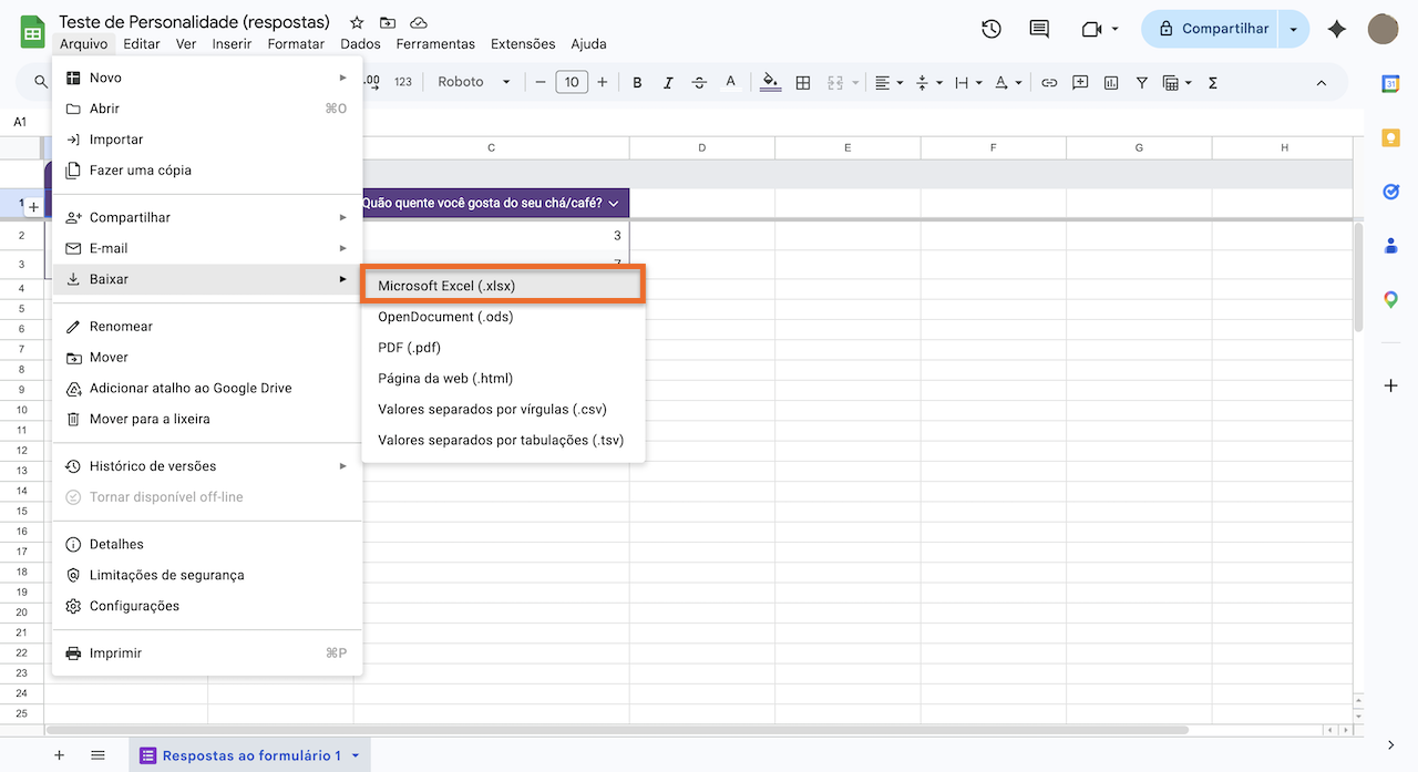 Baixar documento do Excel no Planilhas Google