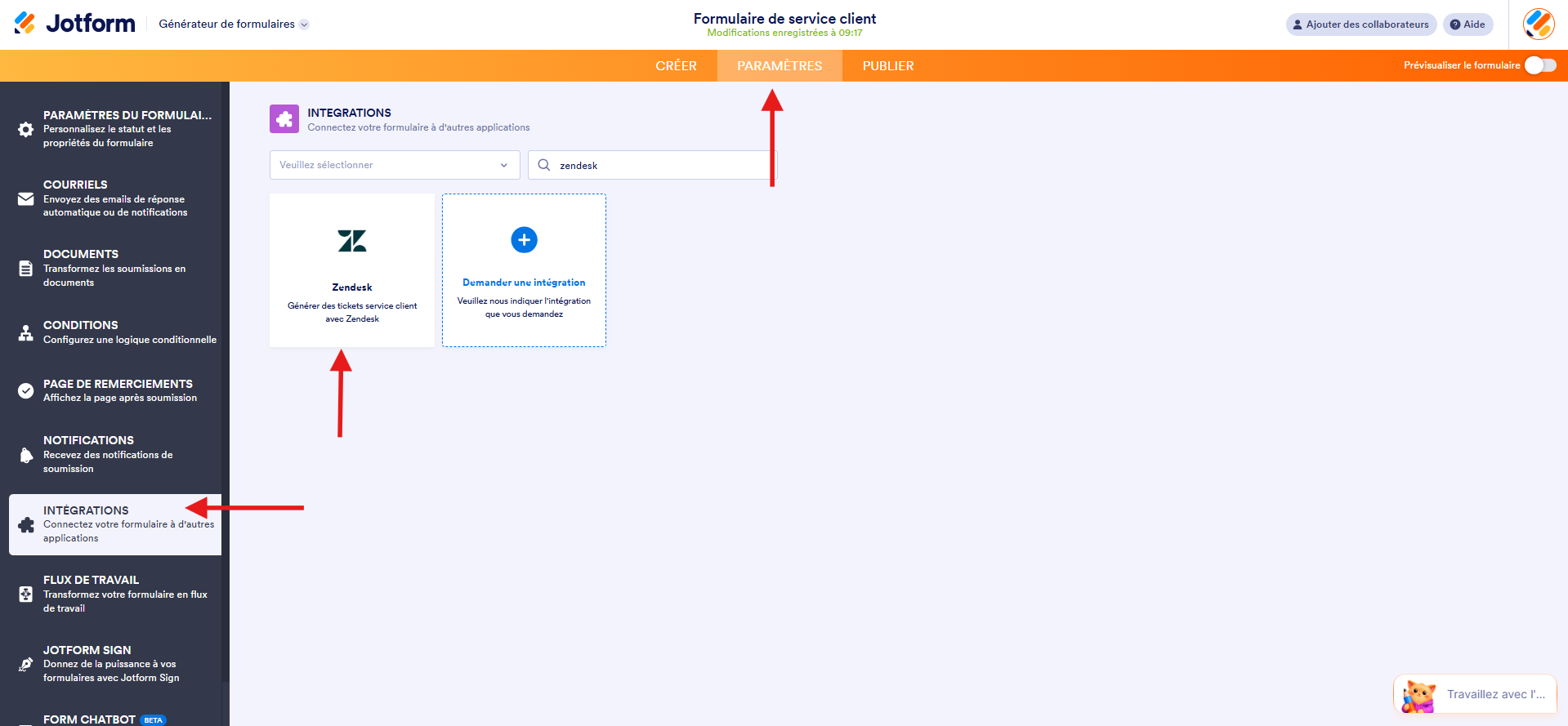 Capture d'écran de l'interface du Générateur de formulaire Jotform avec une flèche vers Paramètres, une autre vers Intégrations et une dernière vers l'intégration Zendesk