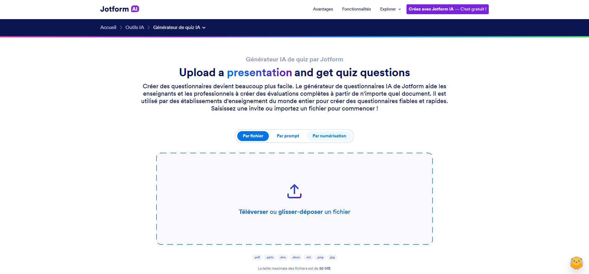 Capture d'écran de la page de destination du Générateur IA de quiz Jotform