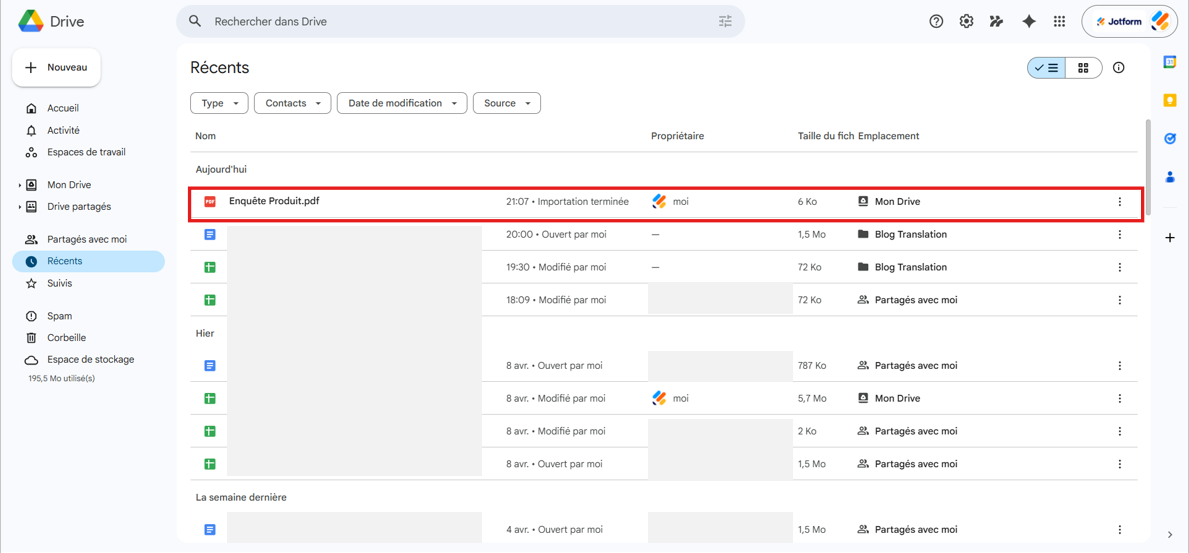 Capture d'écran du menu des ressources Google Drive avec un PDF téléversé et encadré en rouge