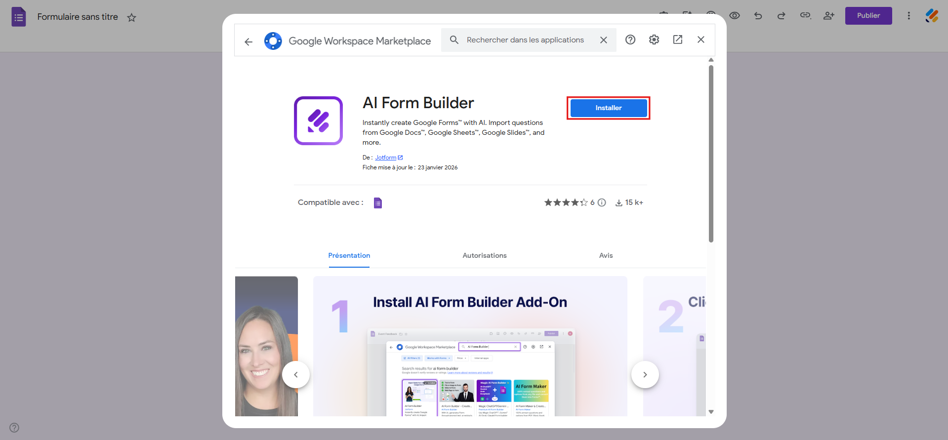 Capture d'écran de la fenêtre contextuelle Google Workspace Marketplace avec le module complémentaire AI Form Builder et un encadré autour du bouton Installer