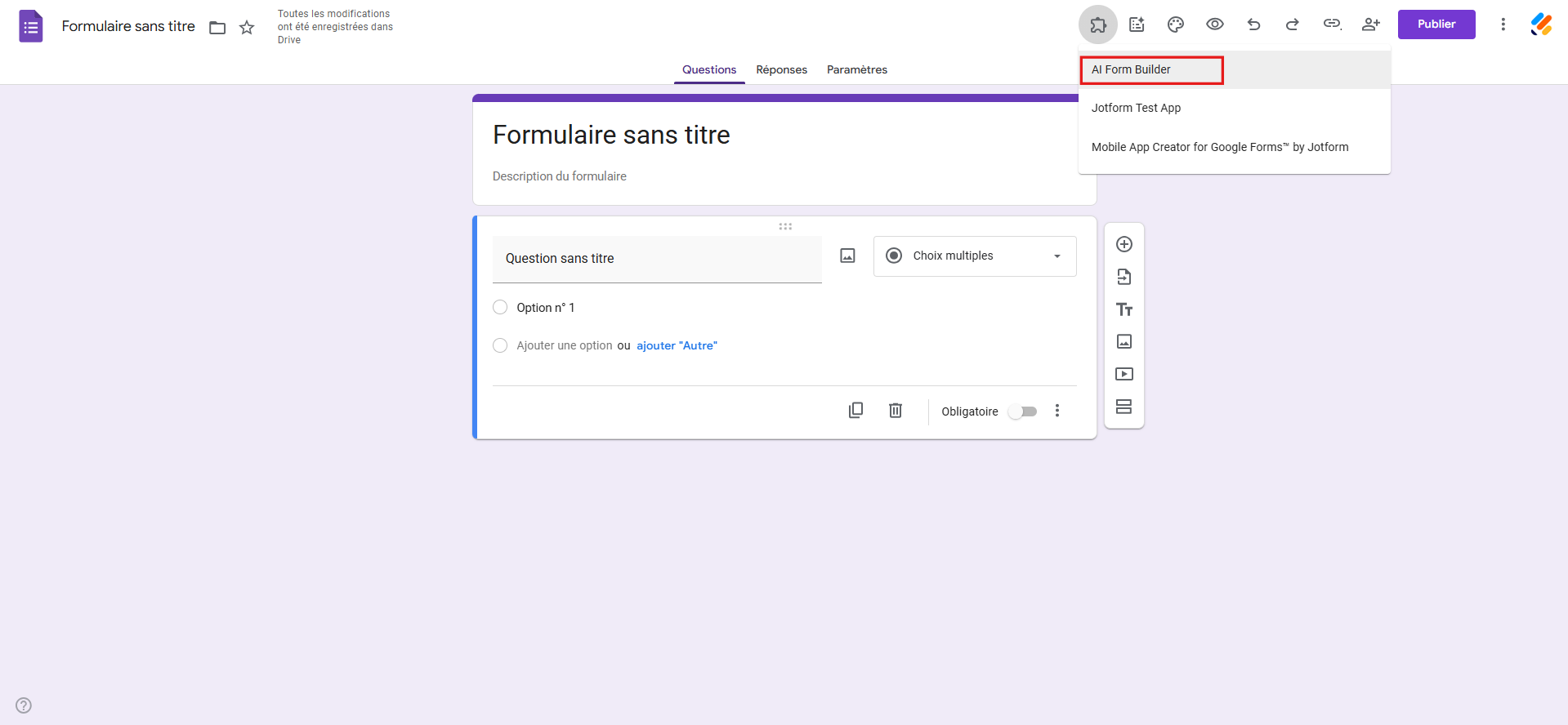 Capture d'écran montrant les modules complémentaires installés dans Google Forms avec un encadré autour de AI Form Builder